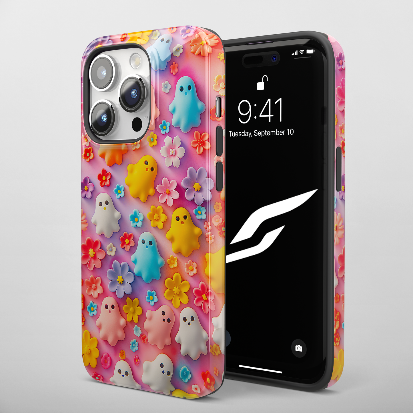 Ghoulish Garden (iPhone Case 11-15)Elevate your iPhone's protection and style with RimaGallery's Playful ghost characters amidst a floral backdrop on a bright case, featuring dual-layer defense and a RimaGallery