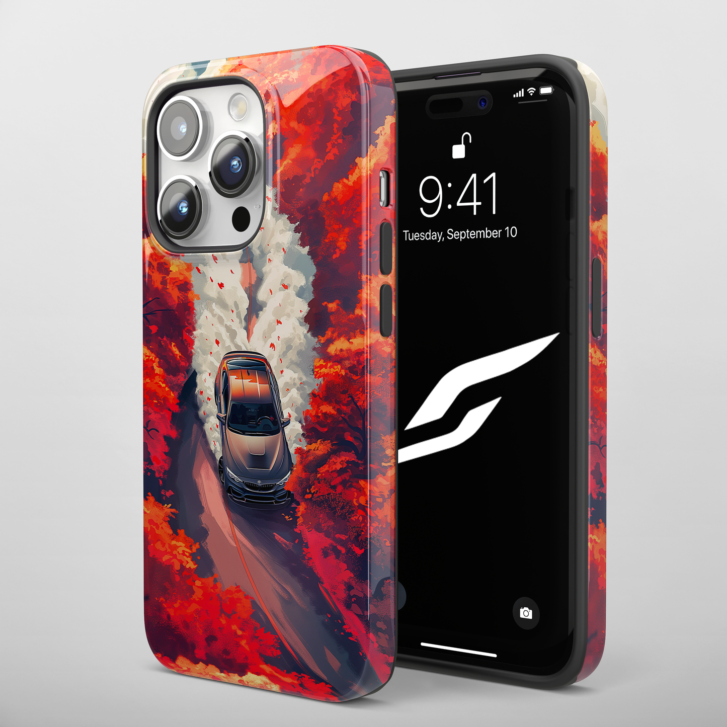 Autumn Drive (iPhone Case 11-15)Elevate your iPhone's protection and style with RimaGallery's A car journey through a fiery autumnal forest On case, featuring dual-layer defense and a sleek, glossyRimaGallery