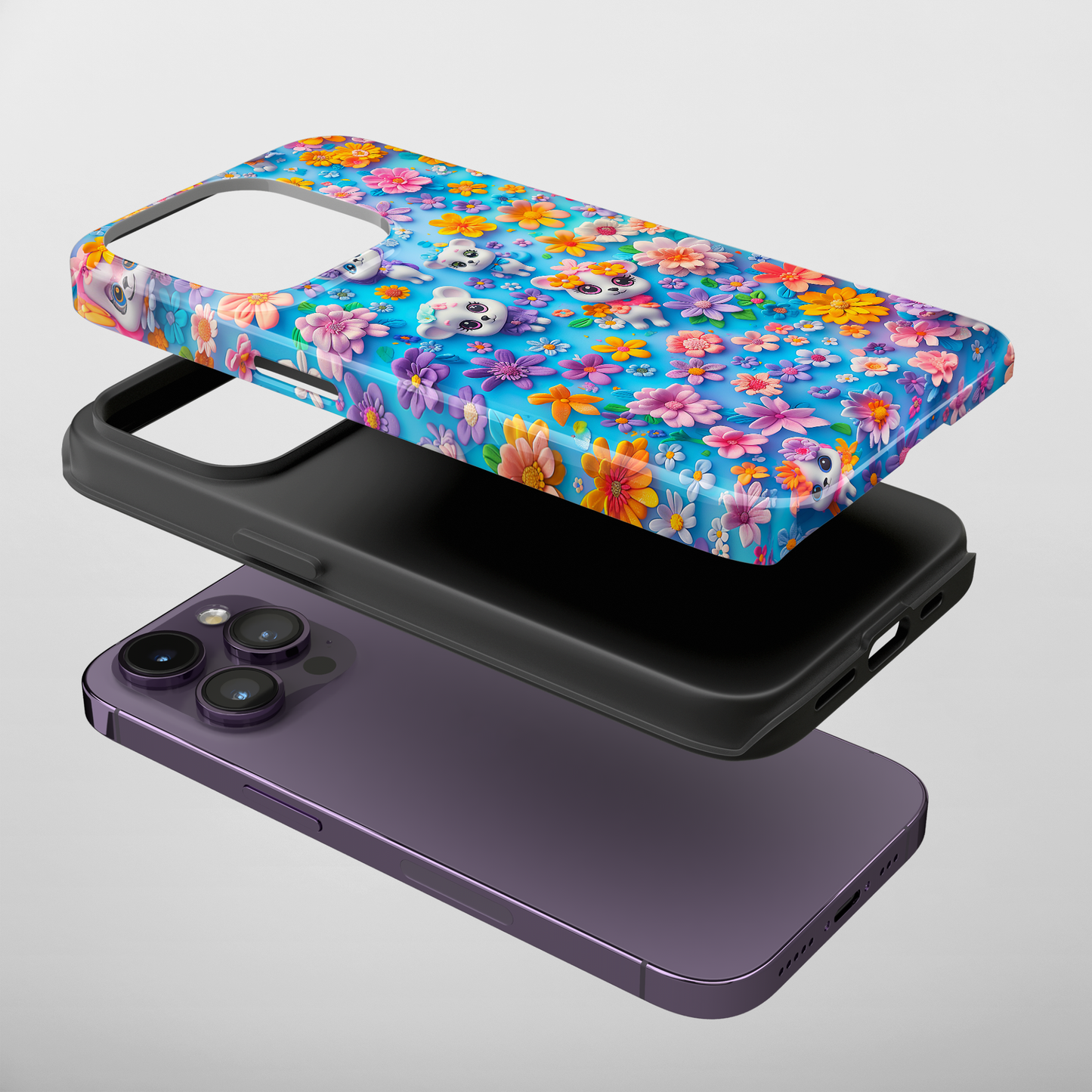 Elevate your iPhone's protection and style with RimaGallery's Vibrant floral and kitten-themed phone case, featuring dual-layer defense and a sleek, glossy finish. F-Floral Kittens (iPhone Case 11-15)