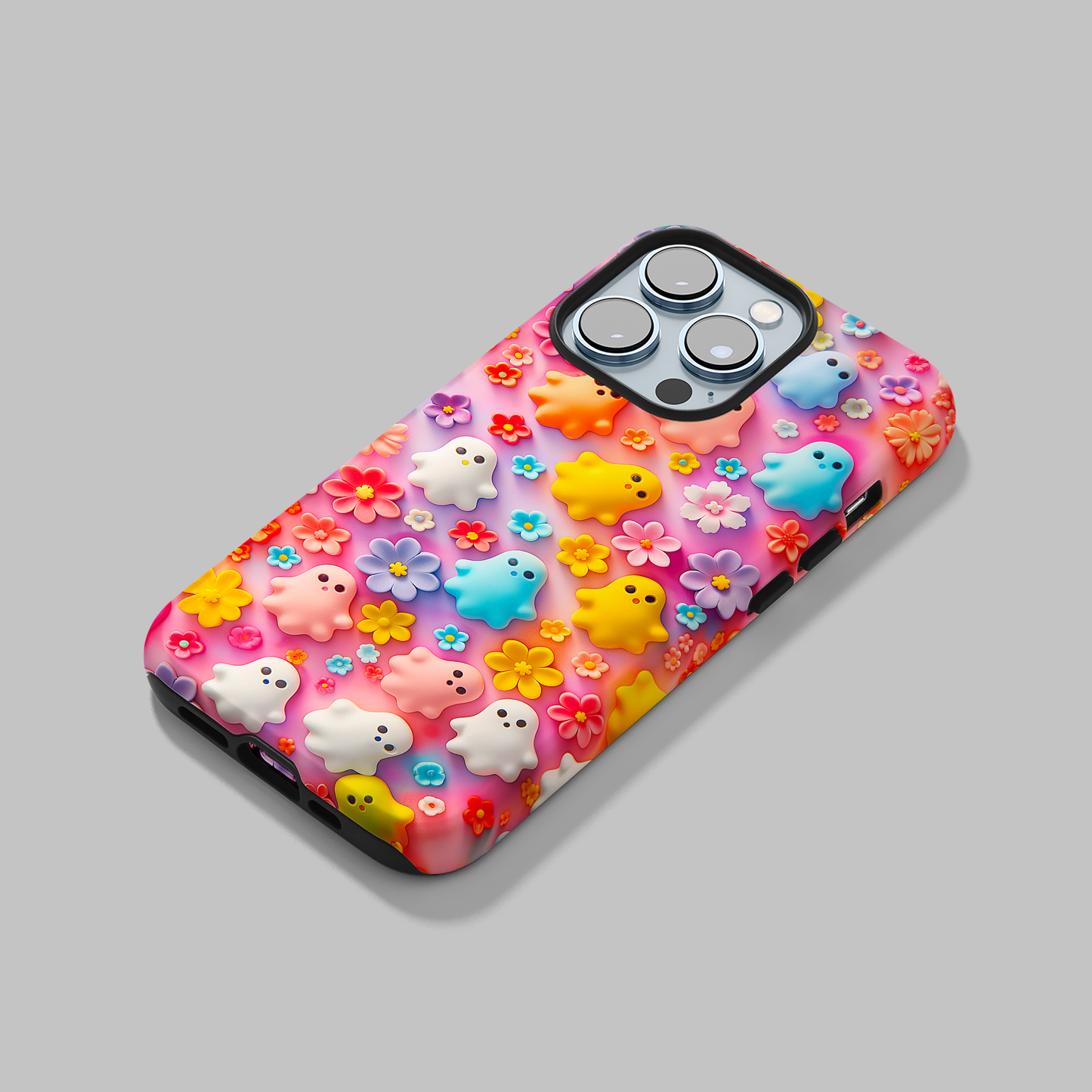 Ghoulish Garden (iPhone Case 11-15)Elevate your iPhone's protection and style with RimaGallery's Playful ghost characters amidst a floral backdrop on a bright case, featuring dual-layer defense and a RimaGallery