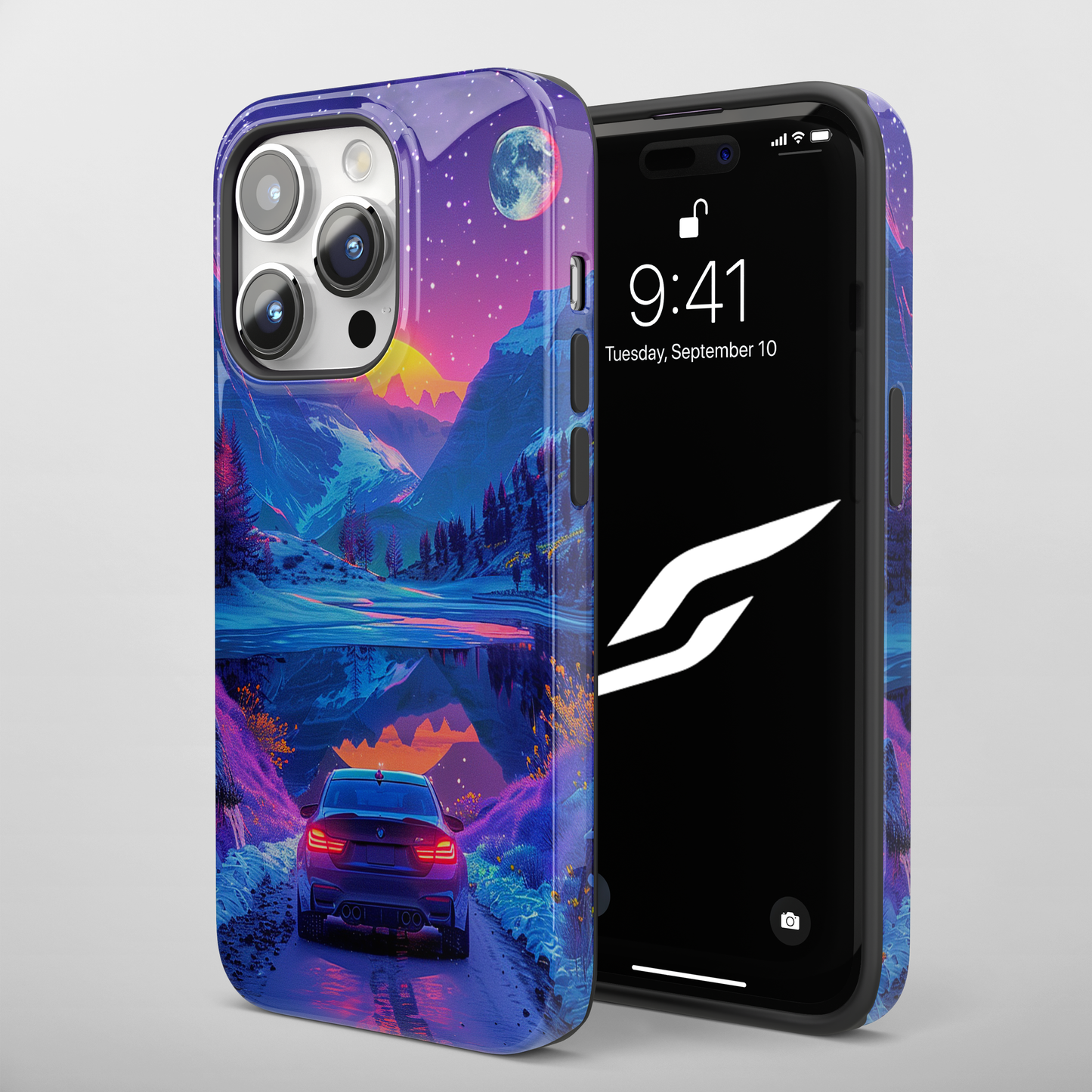 Celestial Drive (iPhone Case 11-15)Elevate your iPhone's protection and style with RimaGallery's A scenic drive through a vibrant twilight mountain landscape case, featuring dual-layer defense and a sRimaGallery