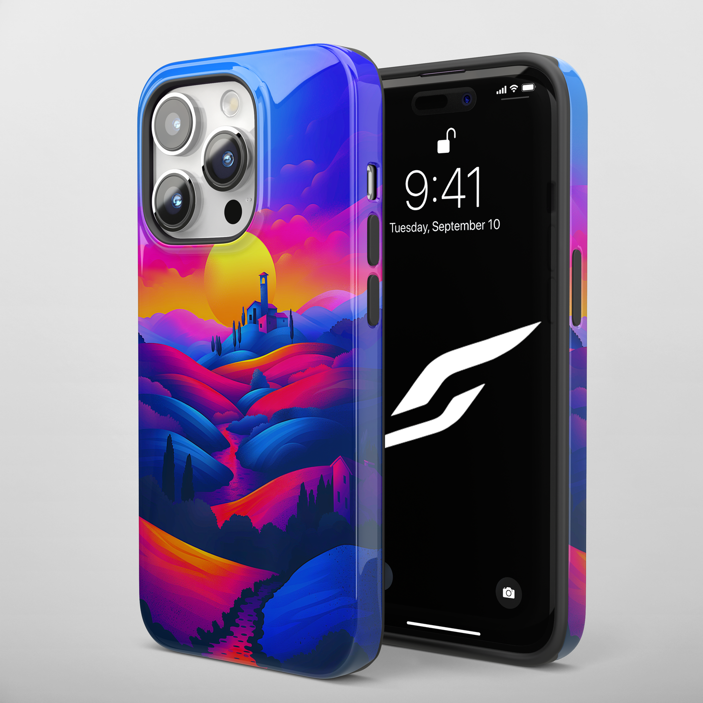 Sunset Serenity (iPhone Case 11-15)Elevate your iPhone's protection and style with RimaGallery's Vivid sunset over rolling hills illustrated On case, featuring dual-layer defense and a sleek, glossy fRimaGallery