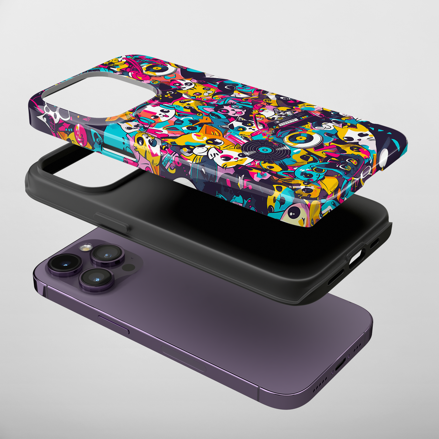 Pop Frenzy (iPhone Case 11-15)Elevate your iPhone's protection and style with RimaGallery's A lively mix of colorful cartoon animals and pop elements On case, featuring dual-layer defense and a sRimaGallery