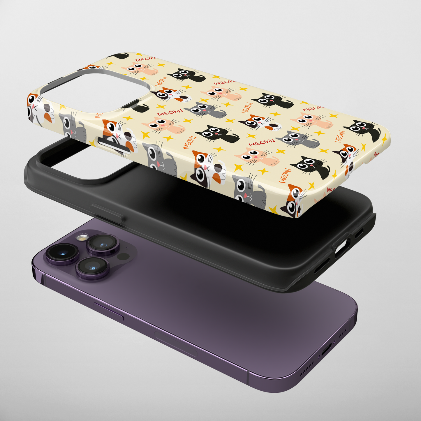Elevate your iPhone's protection and style with RimaGallery's Adorable cat pattern on phone case with stars and text on phone case. , featuring dual-layer defense an-Charming Cat Chorus (iPhone Case 11-15)