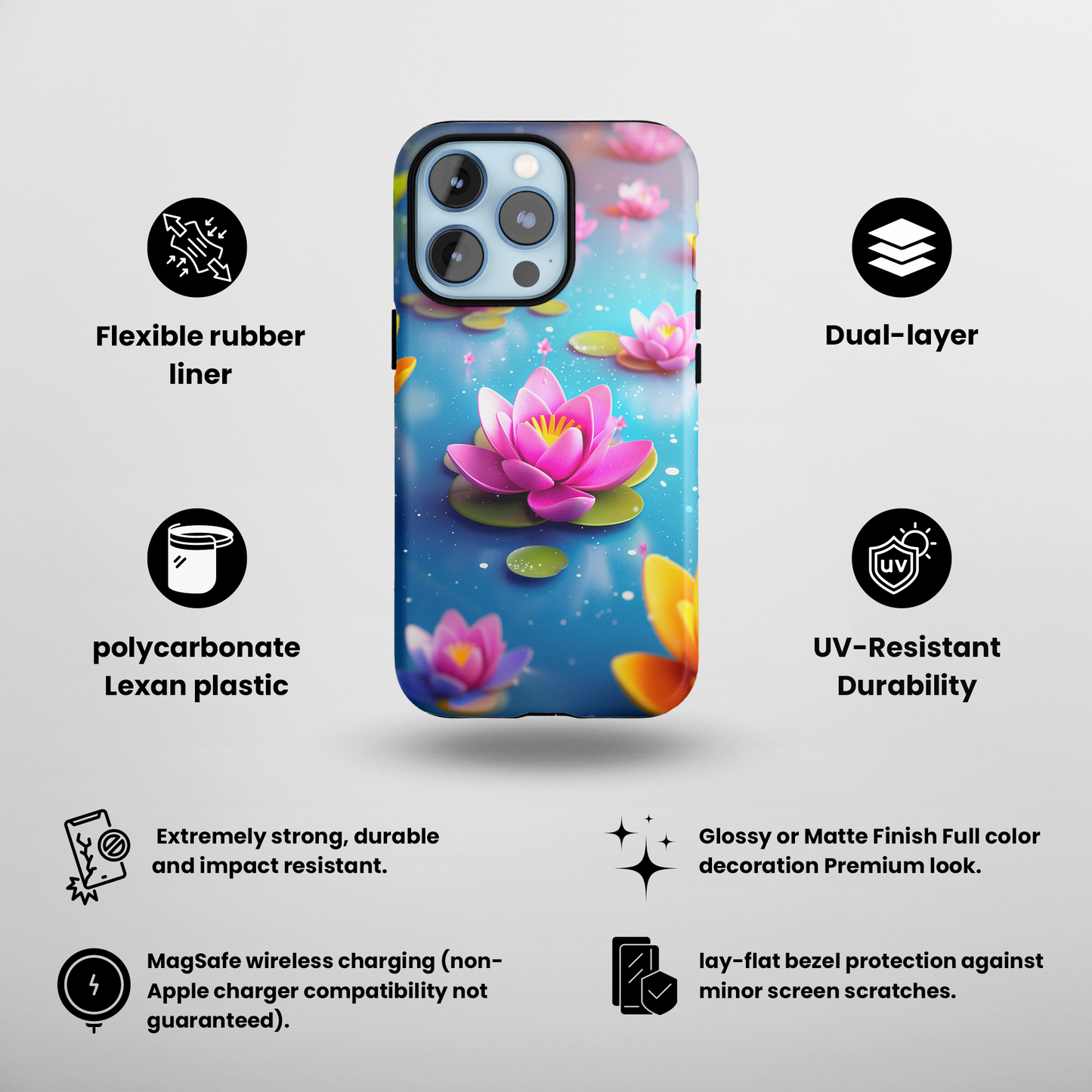 Lotus Lagoon (iPhone MagSafe Case)Discover elegance with our iPhone 13-15 MagSafe Case: Lightweight, USA-made, and compatible with all MagSafe accessories. Style meets protection. Rima Gallery presenRimaGallery