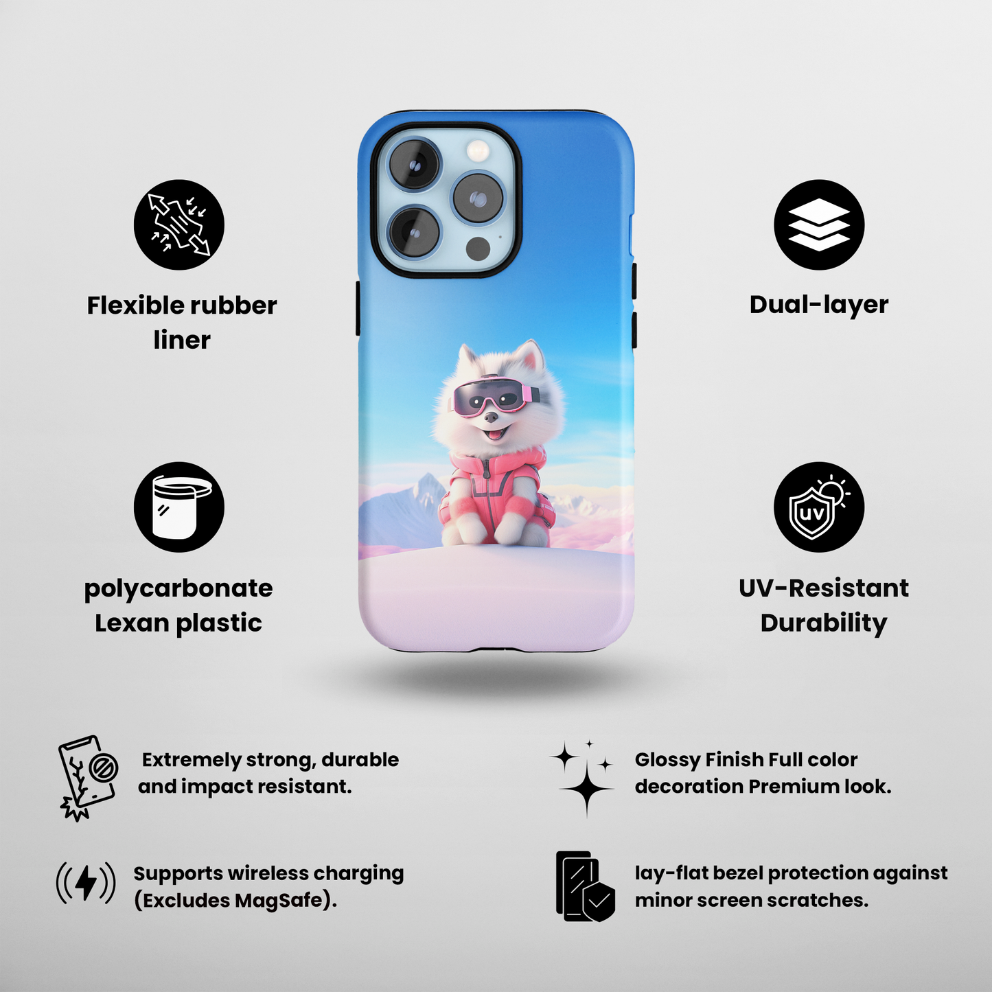 Pink Pup Skier (iPhone Case 11-15)RIMA Tough Phone Case for iPhone 11-15: Where Style Meets Durability. Featuring a sleek design with MagSafe compatibility, this case offers unmatched protection and RimaGallery