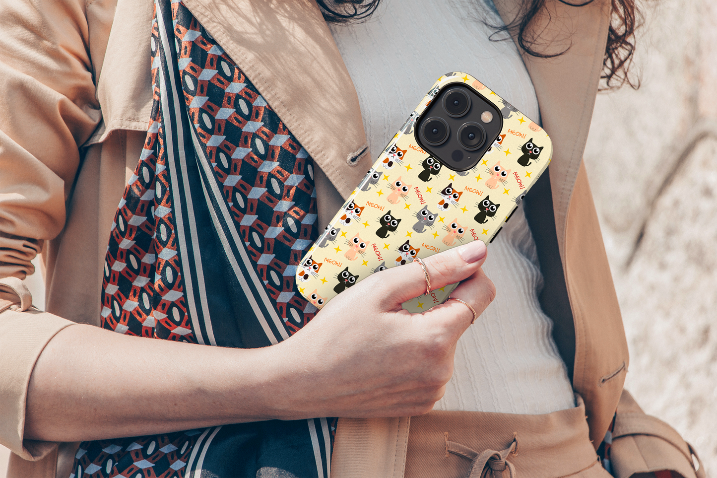 Elevate your iPhone's protection and style with RimaGallery's Adorable cat pattern on phone case with stars and text on phone case. , featuring dual-layer defense an-Charming Cat Chorus (iPhone Case 11-15)
