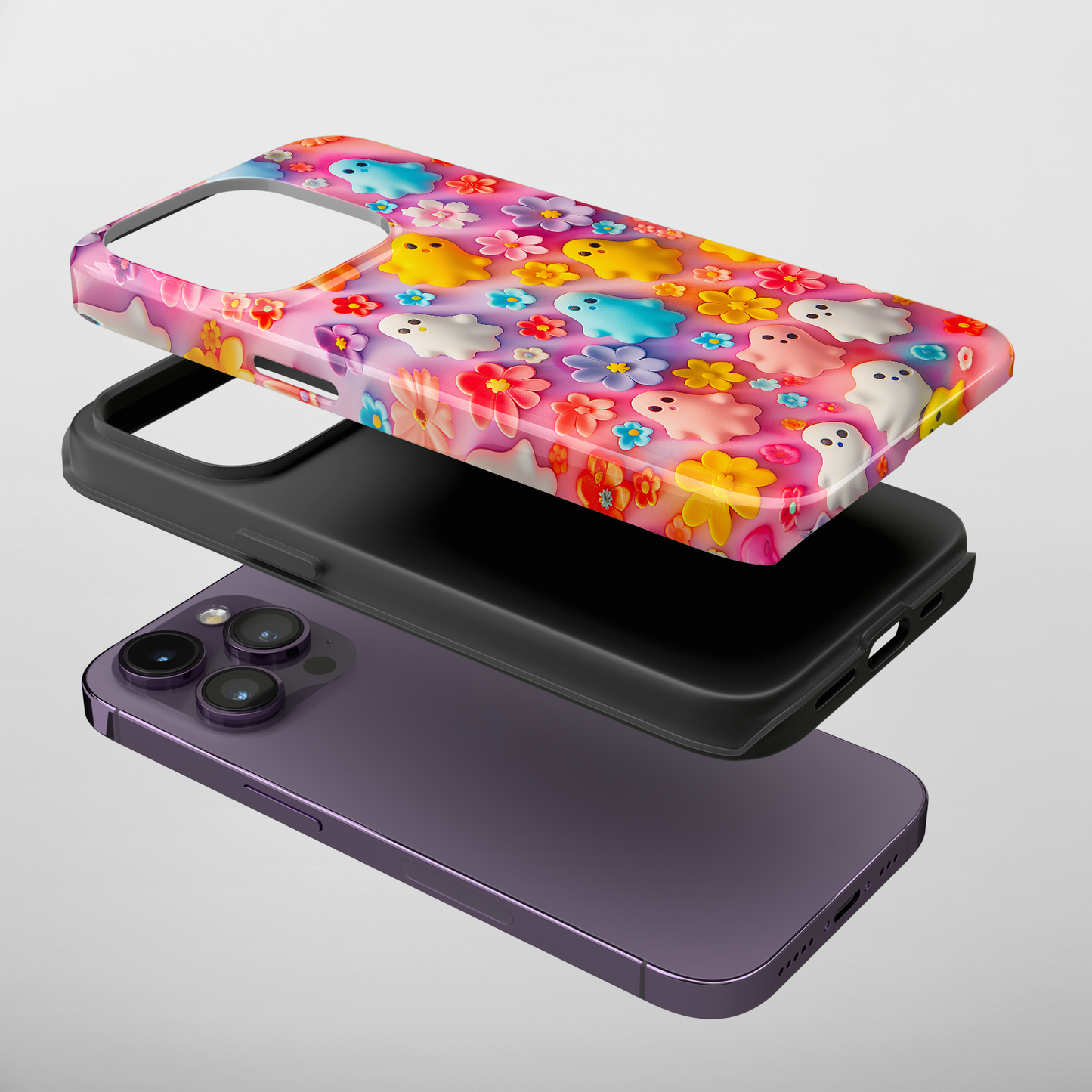 Ghoulish Garden (iPhone Case 11-15)Elevate your iPhone's protection and style with RimaGallery's Playful ghost characters amidst a floral backdrop on a bright case, featuring dual-layer defense and a RimaGallery