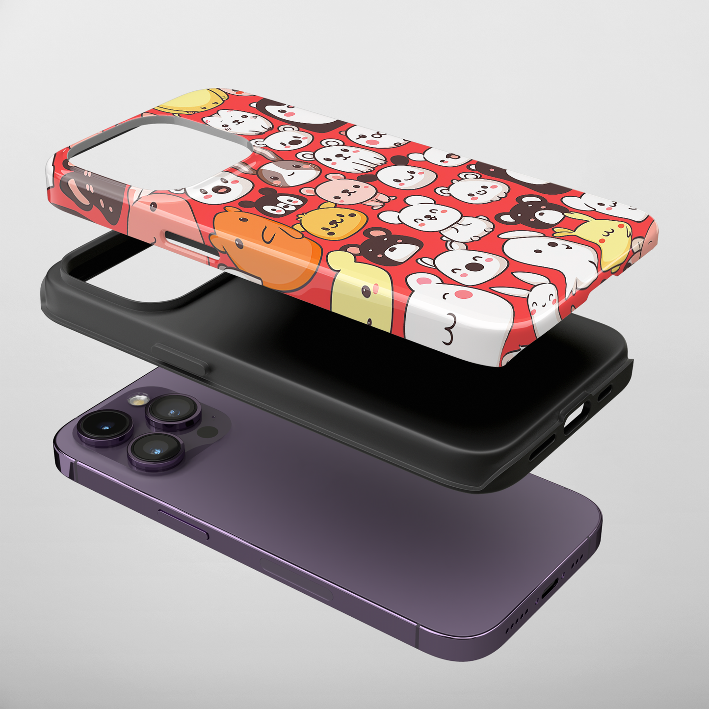 Critter Conga (iPhone Case 11-15)Elevate your iPhone's protection and style with RimaGallery's Cute assorted animals in a fun pattern On case, featuring dual-layer defense and a sleek, glossy finishRimaGallery