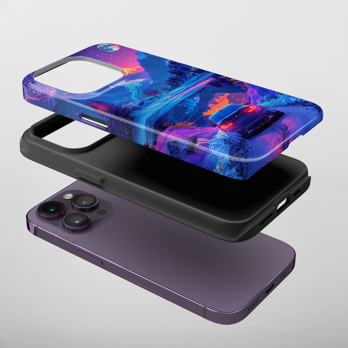 Celestial Drive (iPhone Case 11-15)Elevate your iPhone's protection and style with RimaGallery's A scenic drive through a vibrant twilight mountain landscape case, featuring dual-layer defense and a sRimaGallery