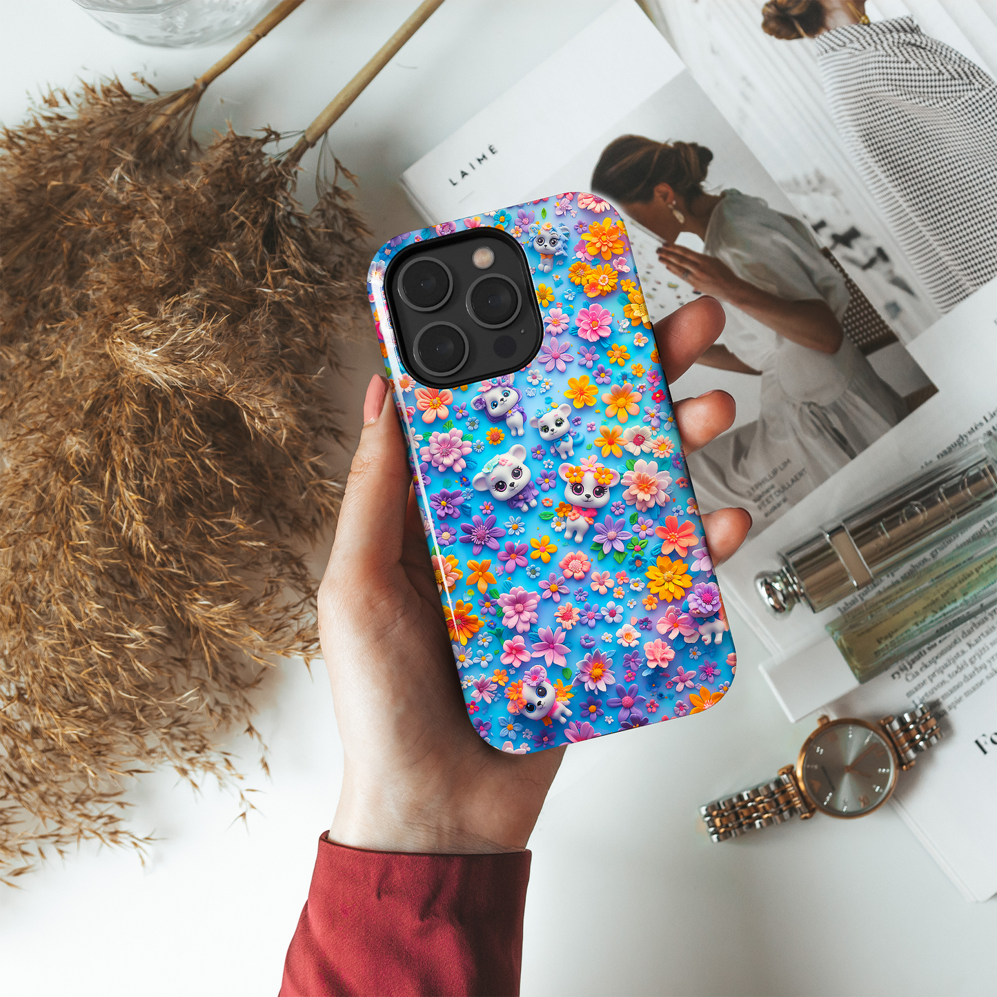 Elevate your iPhone's protection and style with RimaGallery's Vibrant floral and kitten-themed phone case, featuring dual-layer defense and a sleek, glossy finish. F-Floral Kittens (iPhone Case 11-15)