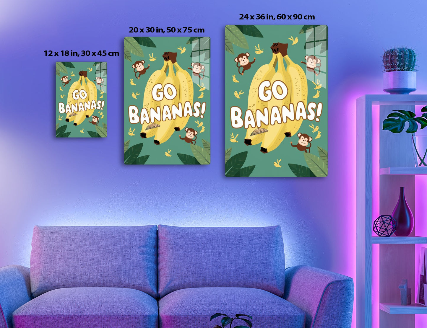 A playful illustration of monkeys swinging around a large banana bunch with "Go Bananas!" written on it, surrounded by tropical leaves and birds, conveying a fun and whimsical vibe.