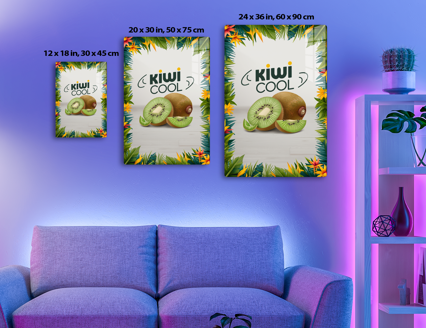 Tropical frame with colorful flowers and palm leaves around the text "Kiwi Cool" and a realistic kiwi fruit sliced open showing its green flesh with black seeds.