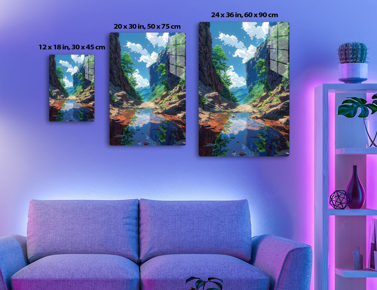 A tranquil mountain stream flows through a narrow canyon flanked by towering rocky cliffs and lush greenery, reflecting the blue sky and fluffy clouds above, creating a serene and picturesque natural scenery.