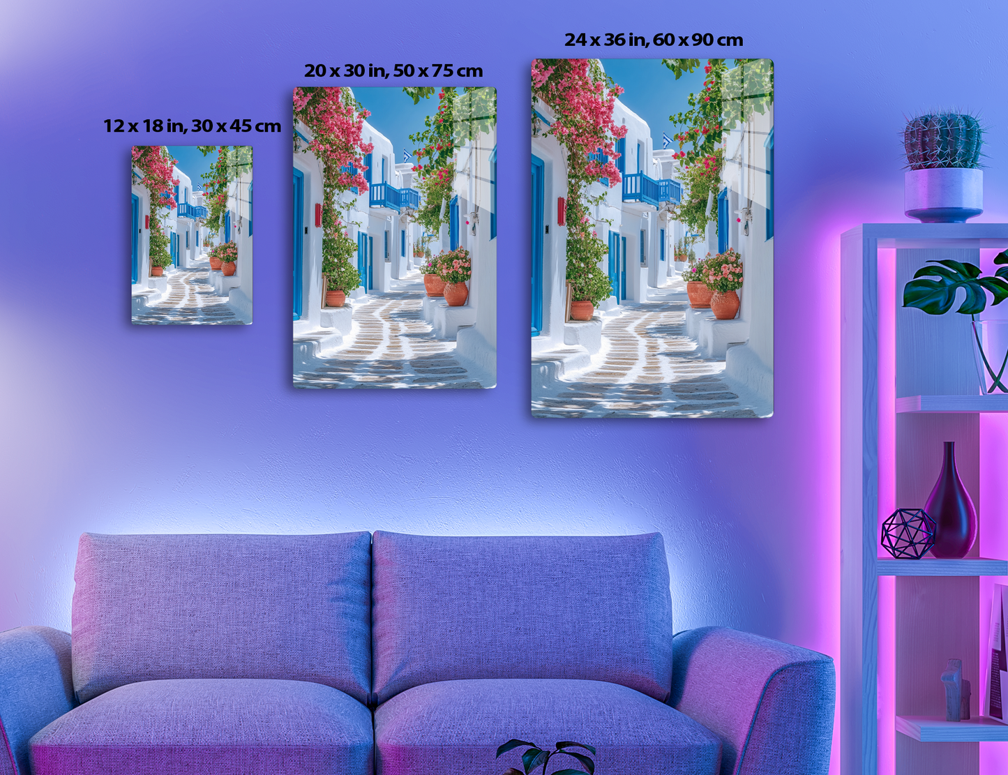 A picturesque alleyway in a Greek island town, with whitewashed buildings, blue doors and windows, and vibrant bougainvillea flowers adorning the walls and balconies along the cobblestone path.