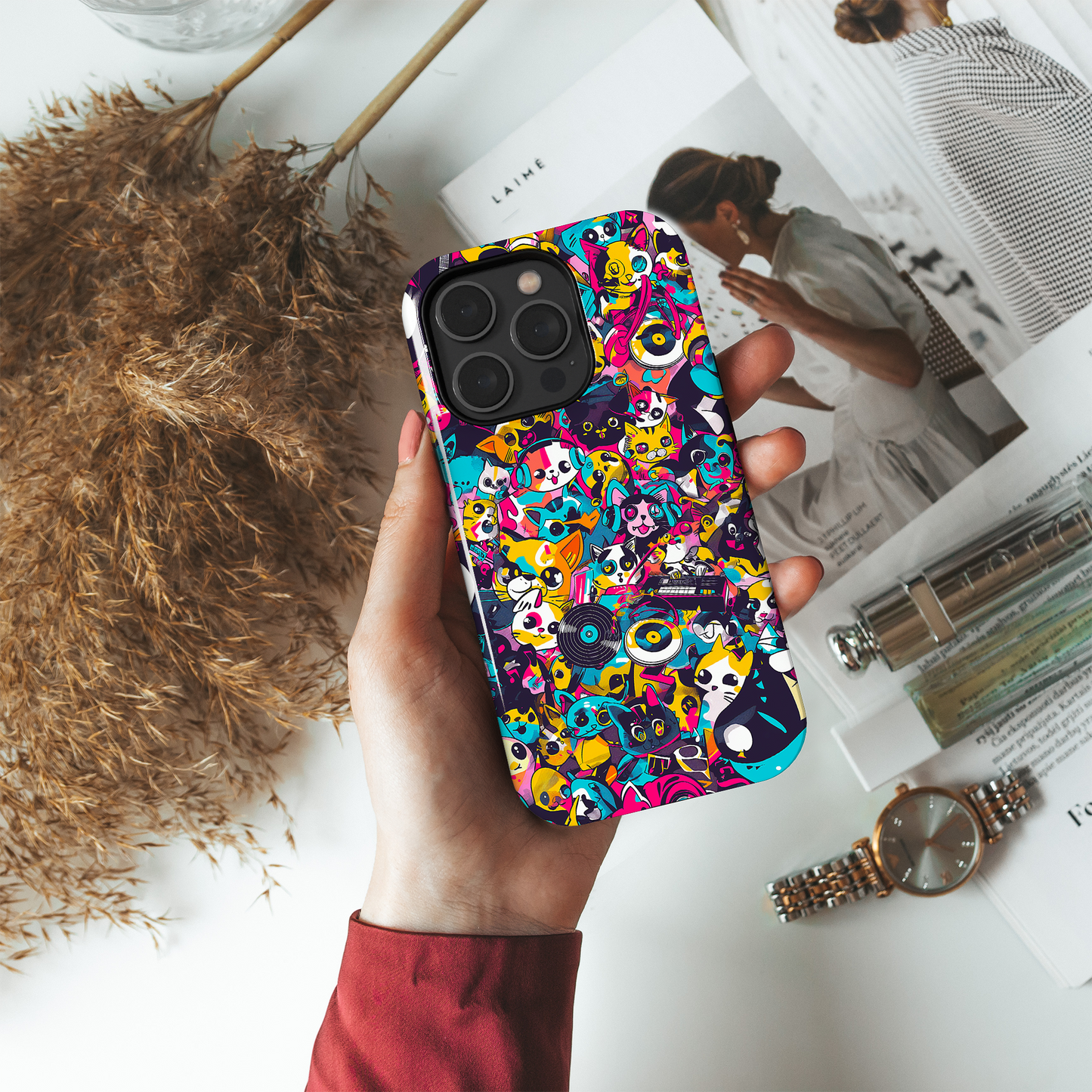 Pop Frenzy (iPhone Case 11-15)Elevate your iPhone's protection and style with RimaGallery's A lively mix of colorful cartoon animals and pop elements On case, featuring dual-layer defense and a sRimaGallery