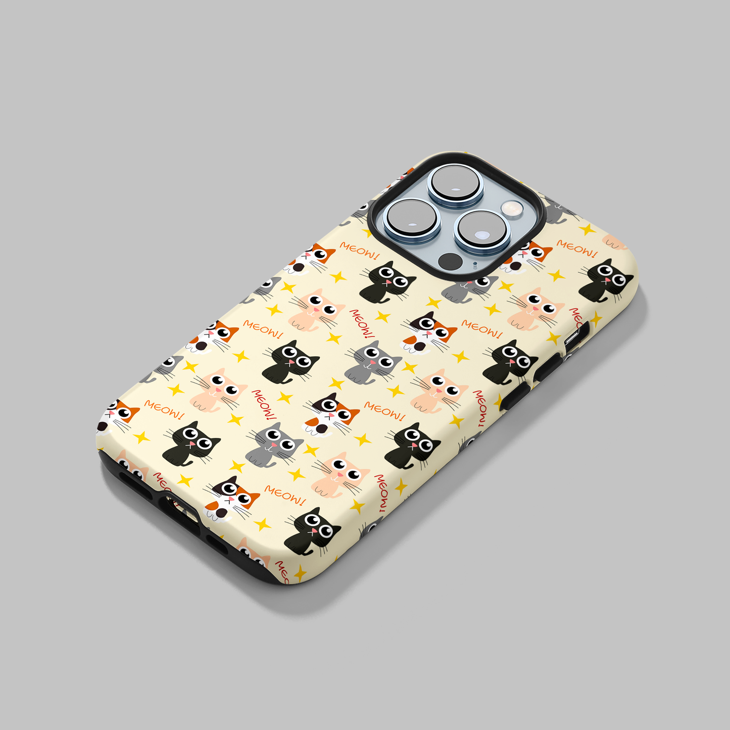 Elevate your iPhone's protection and style with RimaGallery's Adorable cat pattern on phone case with stars and text on phone case. , featuring dual-layer defense an-Charming Cat Chorus (iPhone Case 11-15)