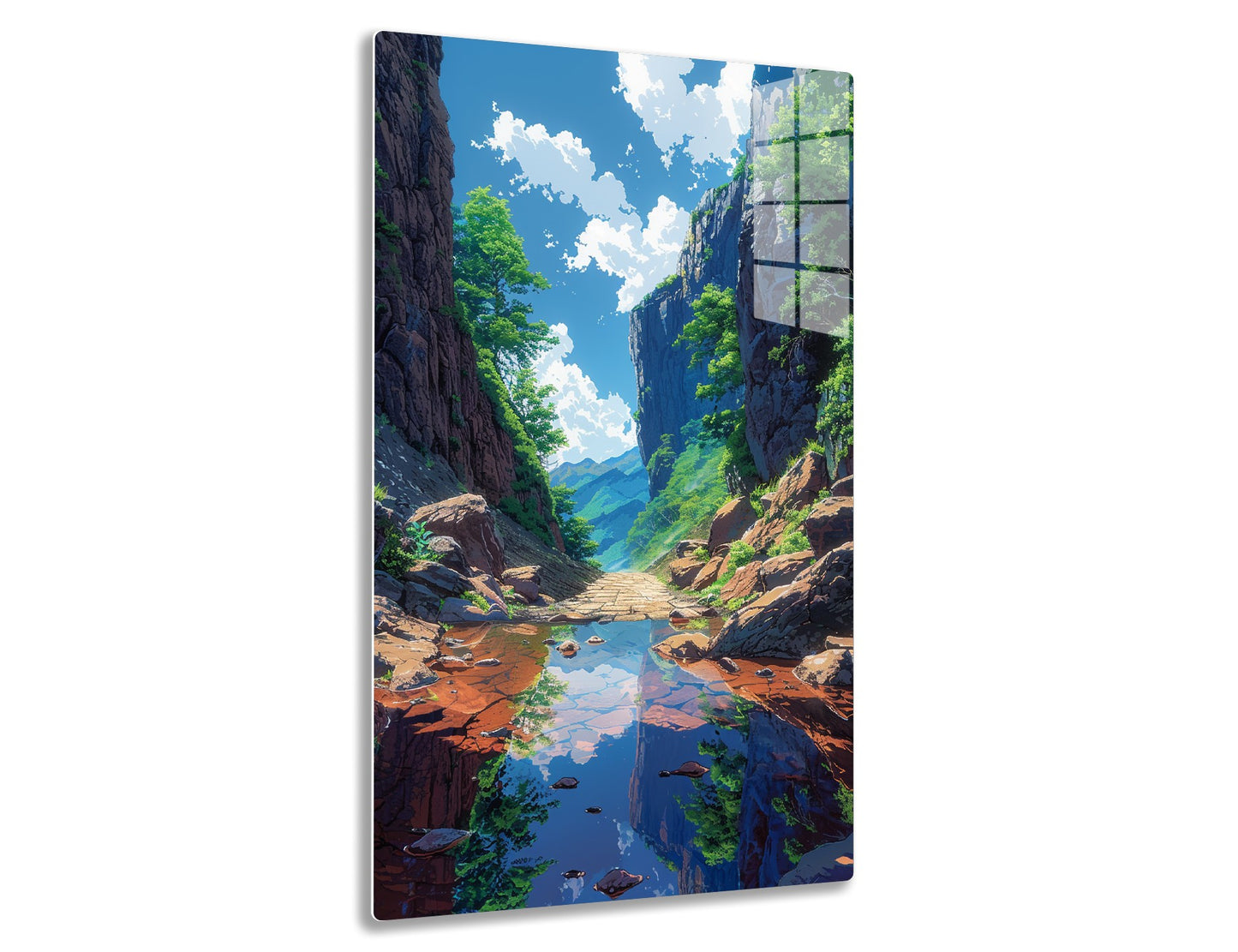 A tranquil mountain stream flows through a narrow canyon flanked by towering rocky cliffs and lush greenery, reflecting the blue sky and fluffy clouds above, creating a serene and picturesque natural scenery.