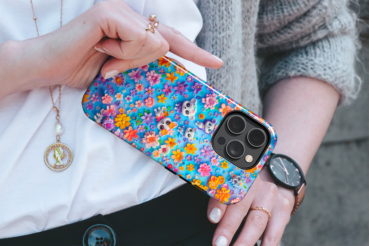 Elevate your iPhone's protection and style with RimaGallery's Vibrant floral and kitten-themed phone case, featuring dual-layer defense and a sleek, glossy finish. F-Floral Kittens (iPhone Case 11-15)