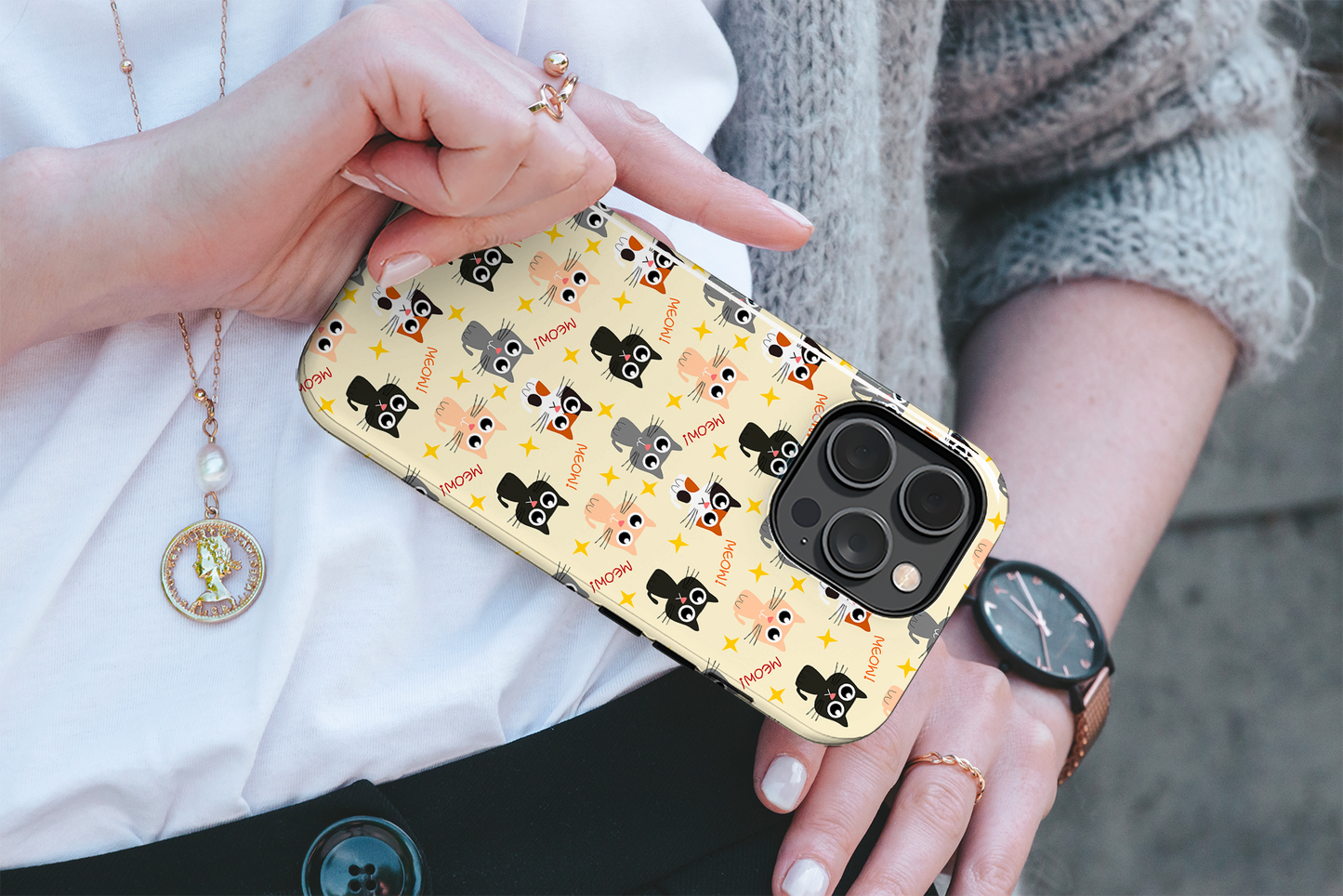 Elevate your iPhone's protection and style with RimaGallery's Adorable cat pattern on phone case with stars and text on phone case. , featuring dual-layer defense an-Charming Cat Chorus (iPhone Case 11-15)
