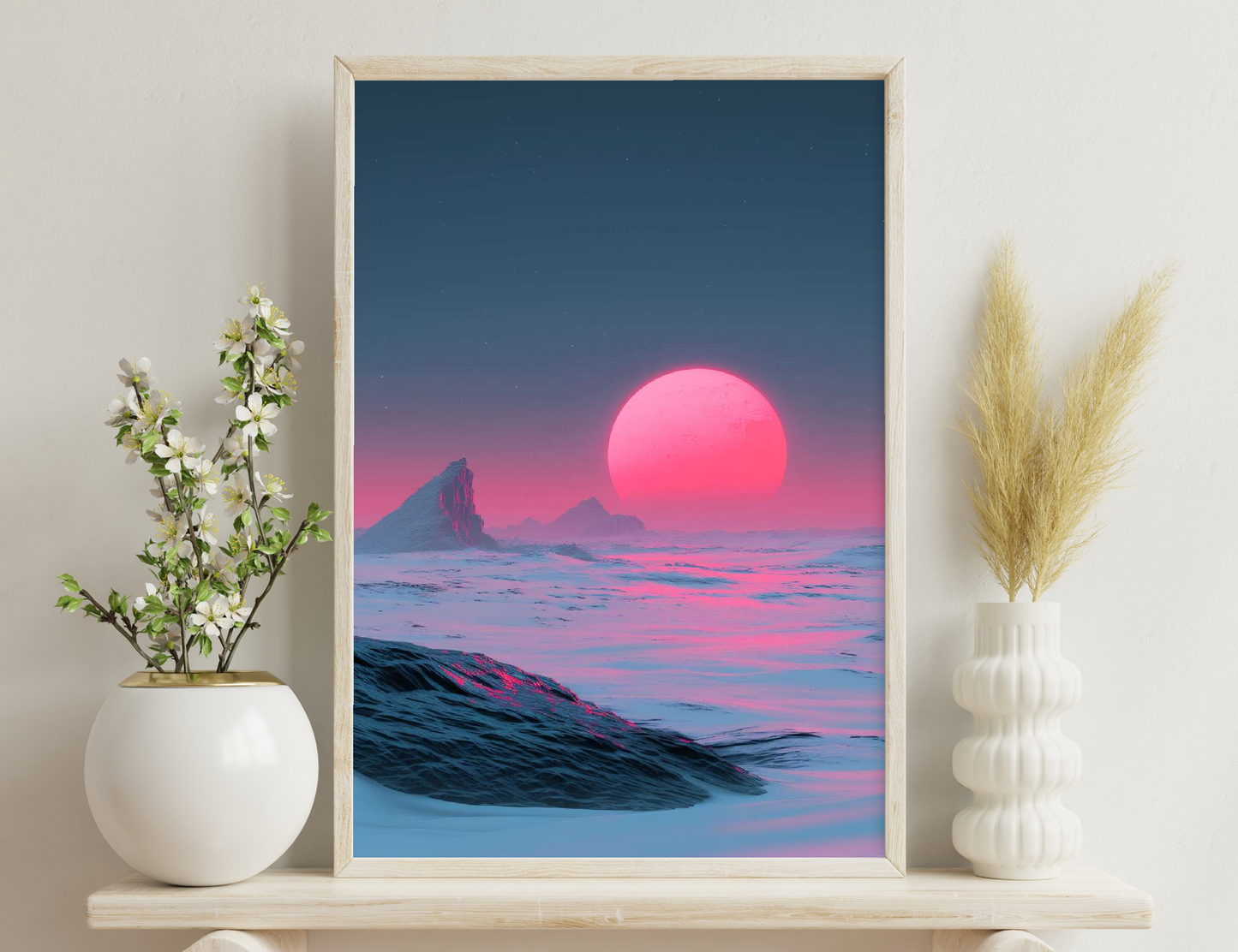 A surreal landscape depicting a massive pink sun setting over icy mountains and waves under a starry sky, creating a stunning contrast of warm and cool colors.