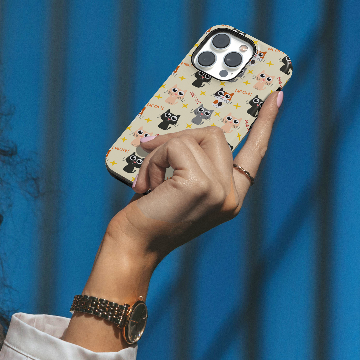 Elevate your iPhone's protection and style with RimaGallery's Adorable cat pattern on phone case with stars and text on phone case. , featuring dual-layer defense an-Charming Cat Chorus (iPhone Case 11-15)