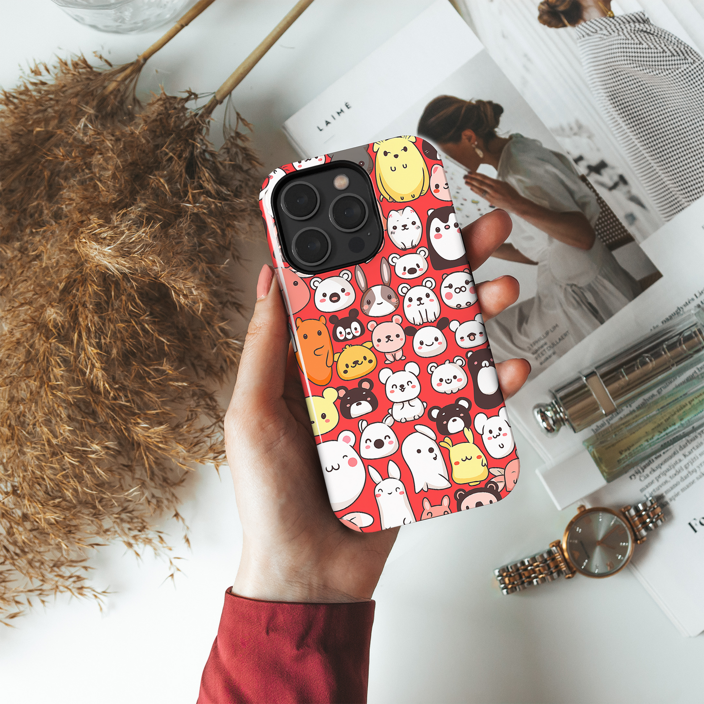 Critter Conga (iPhone Case 11-15)Elevate your iPhone's protection and style with RimaGallery's Cute assorted animals in a fun pattern On case, featuring dual-layer defense and a sleek, glossy finishRimaGallery