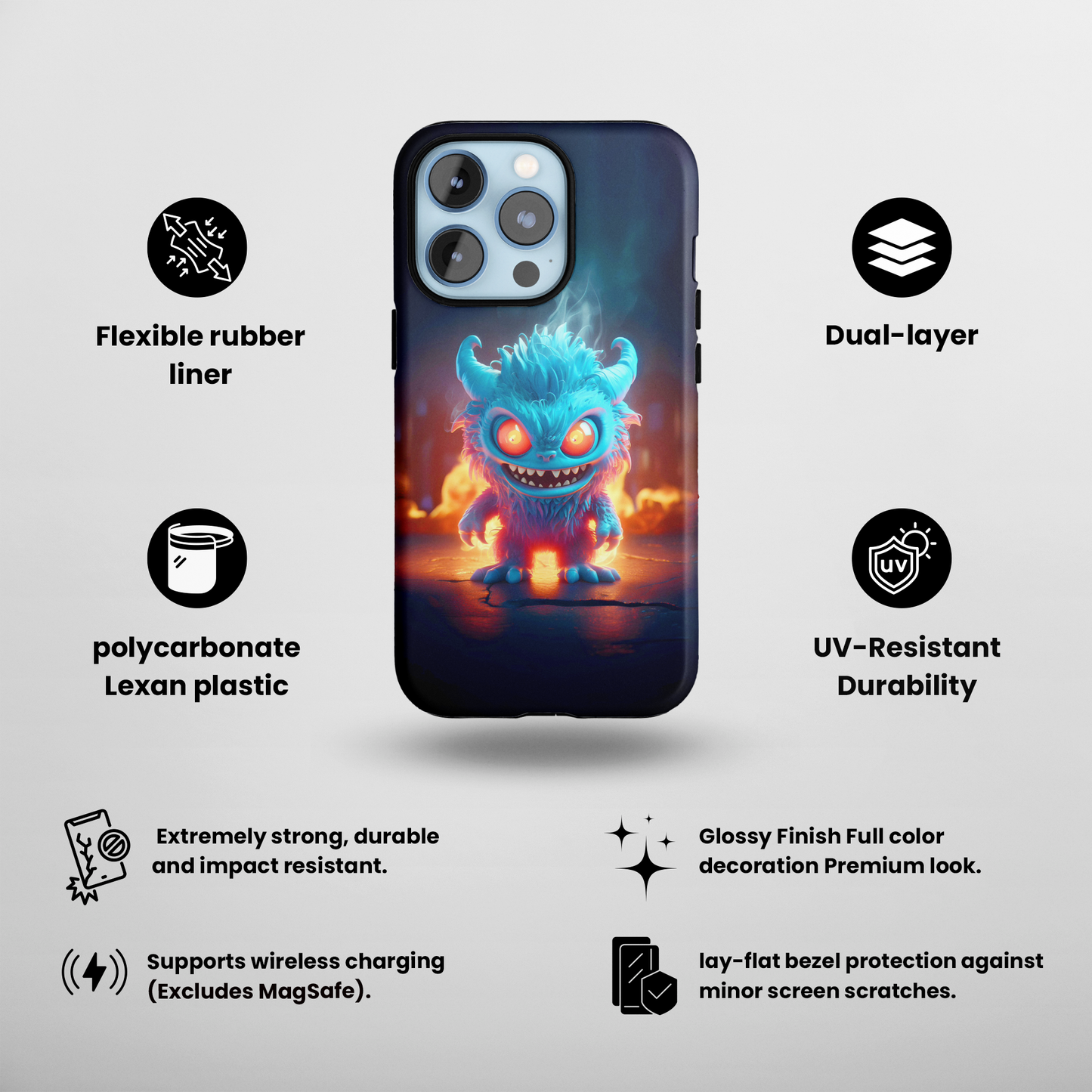 Fiery Monster (iPhone Case 11-15)Protect and personalize your iPhone 11, 12, 13, 14, & 15 with RIMA's Tough Phone Case. Featuring robust materials, sleek design, and compatibility with wireless RimaGallery