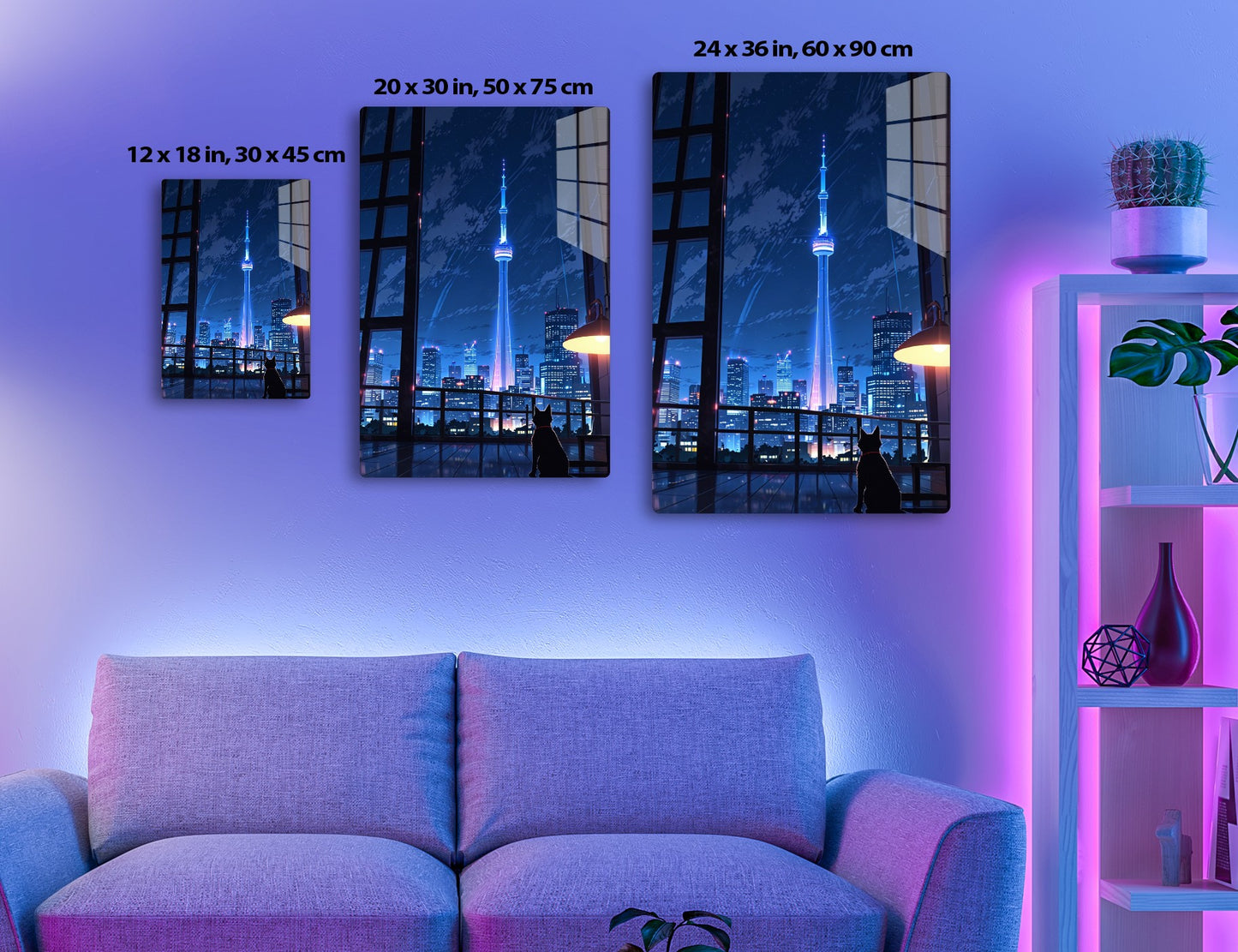 A cat silhouette looks out a window at the CN Tower illuminated in blue against the Toronto skyline at night.