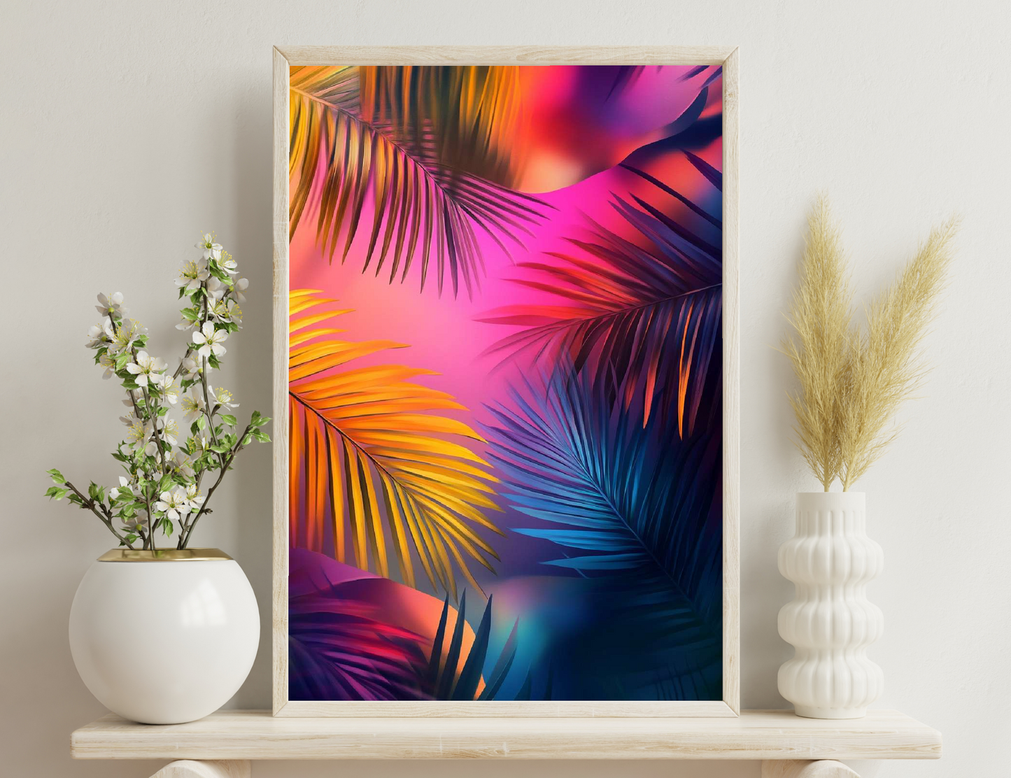 Vibrant, stylized palm tree fronds in shades of fuchsia, orange, and blue, creating an abstract tropical composition.