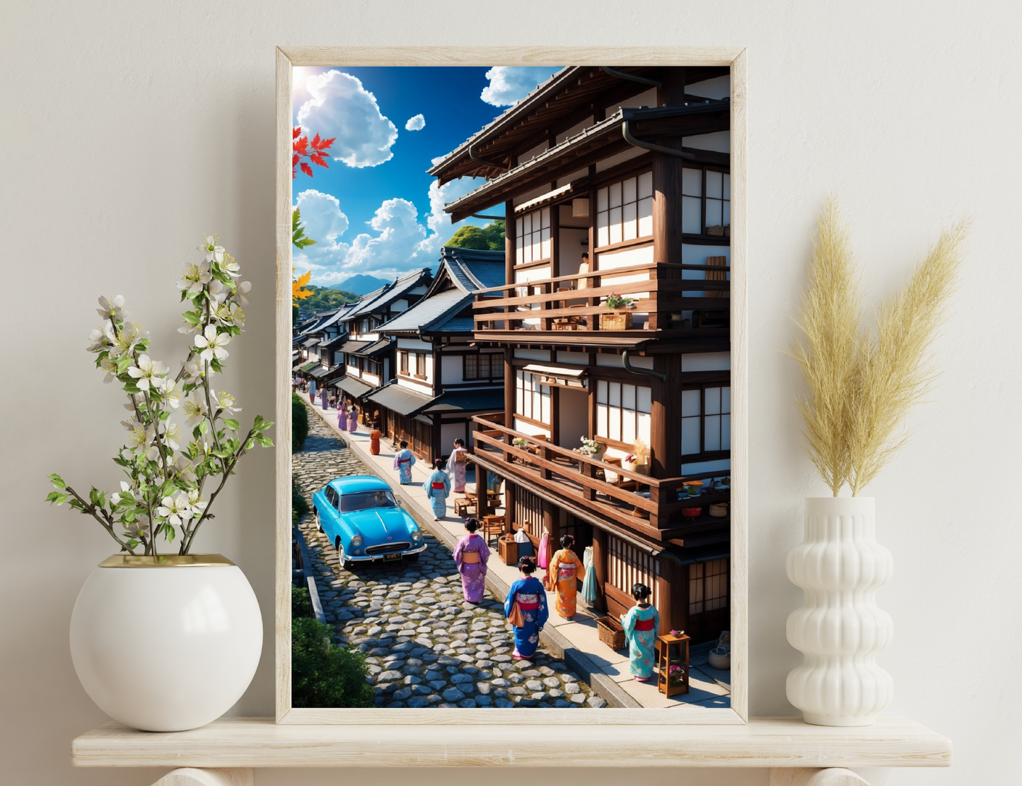 Traditional Japanese street with wooden buildings, people in colorful kimonos, and a classic blue car on the cobblestone road under a bright blue sky.