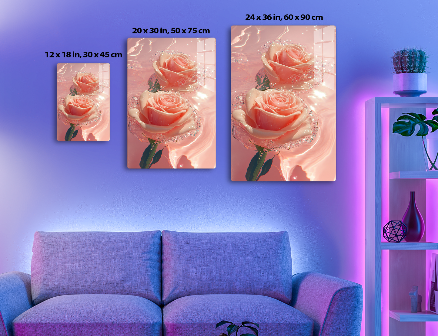 Two lush pink roses adorned with sparkling dewdrops, set against a soft pink background, creating a dreamy and ethereal floral scene.