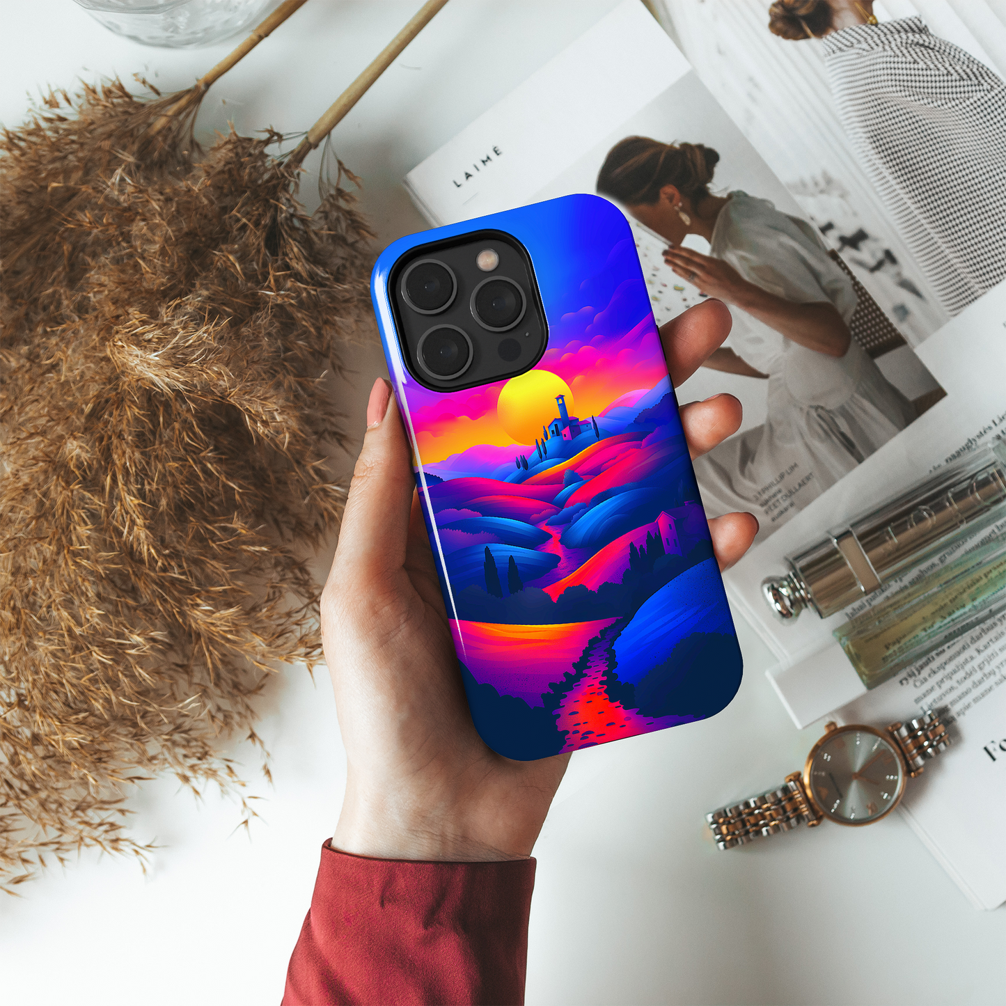 Sunset Serenity (iPhone Case 11-15)Elevate your iPhone's protection and style with RimaGallery's Vivid sunset over rolling hills illustrated On case, featuring dual-layer defense and a sleek, glossy fRimaGallery