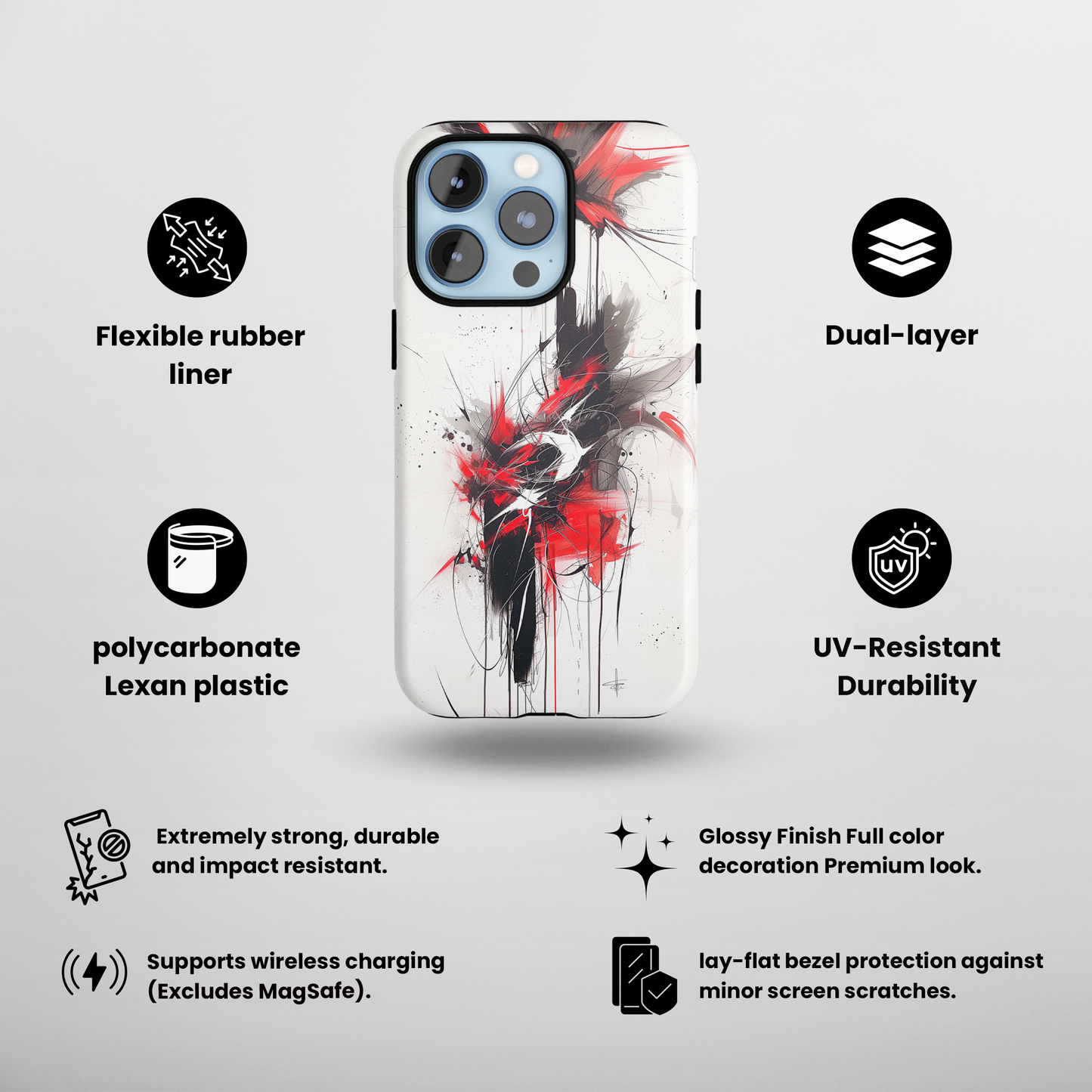 Ebony Flare (iPhone Case 11-15)Secure your iPhone 11-15 with RIMA's durable case: Polycarbonate shell, rubber lining for shock absorption, and supports wireless chargingRimaGallery