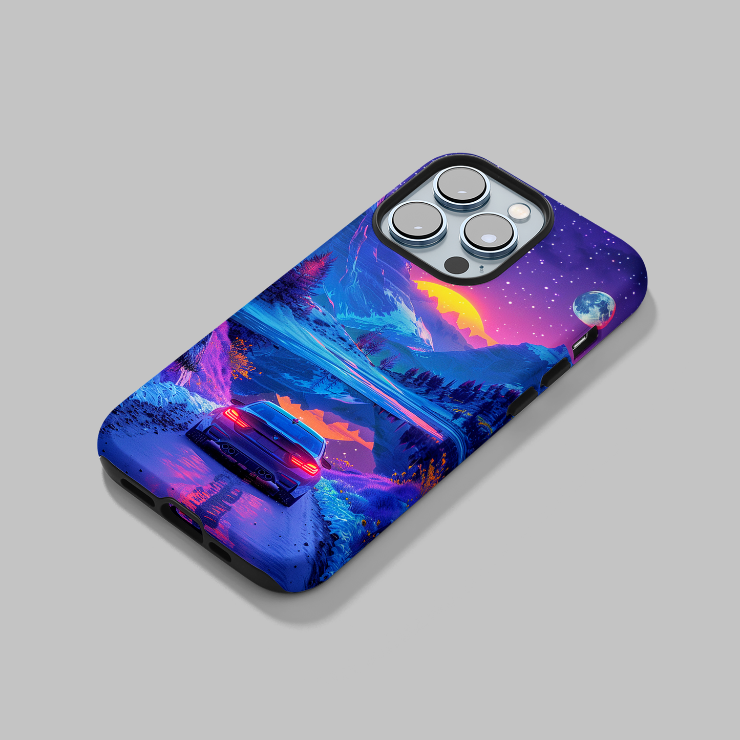 Celestial Drive (iPhone Case 11-15)Elevate your iPhone's protection and style with RimaGallery's A scenic drive through a vibrant twilight mountain landscape case, featuring dual-layer defense and a sRimaGallery