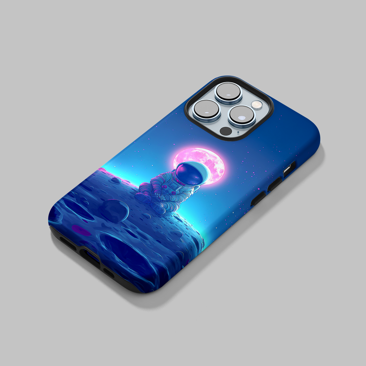 Cosmic Contemplation (iPhone Case 11-15)Elevate your iPhone's protection and style with RimaGallery's Astronaut in deep thought on the lunar surface under a glowing moon On case, featuring dual-layer defenRimaGallery