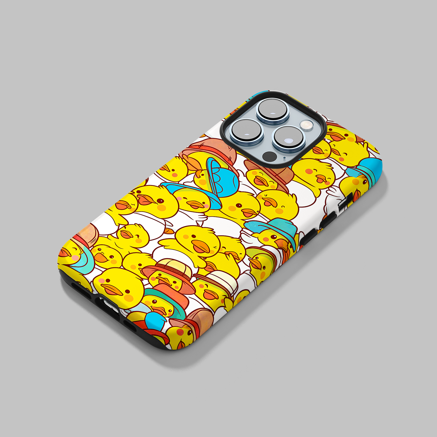 Ducky Delight (iPhone Case 11-15)Elevate your iPhone's protection and style with RimaGallery's Cheerful yellow ducklings with cute hats On case, featuring dual-layer defense and a sleek, glossy finiRimaGallery