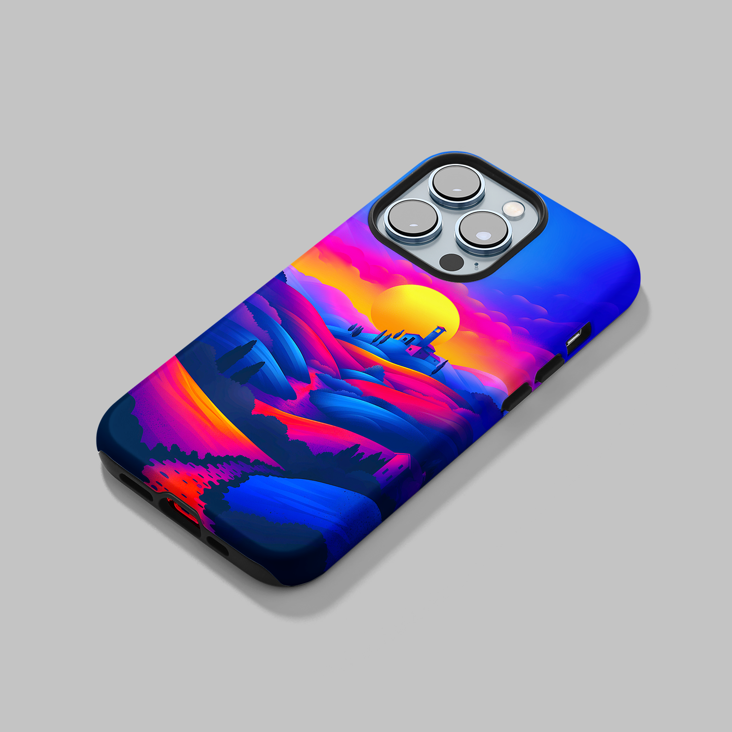 Sunset Serenity (iPhone Case 11-15)Elevate your iPhone's protection and style with RimaGallery's Vivid sunset over rolling hills illustrated On case, featuring dual-layer defense and a sleek, glossy fRimaGallery