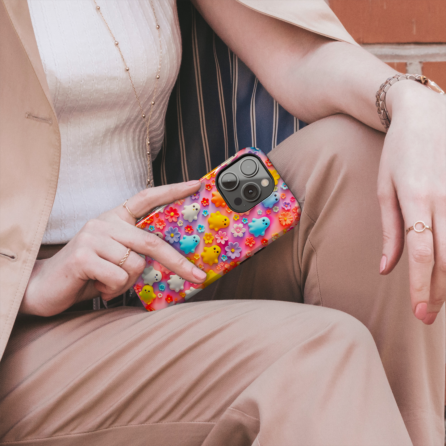 Ghoulish Garden (iPhone Case 11-15)Elevate your iPhone's protection and style with RimaGallery's Playful ghost characters amidst a floral backdrop on a bright case, featuring dual-layer defense and a RimaGallery