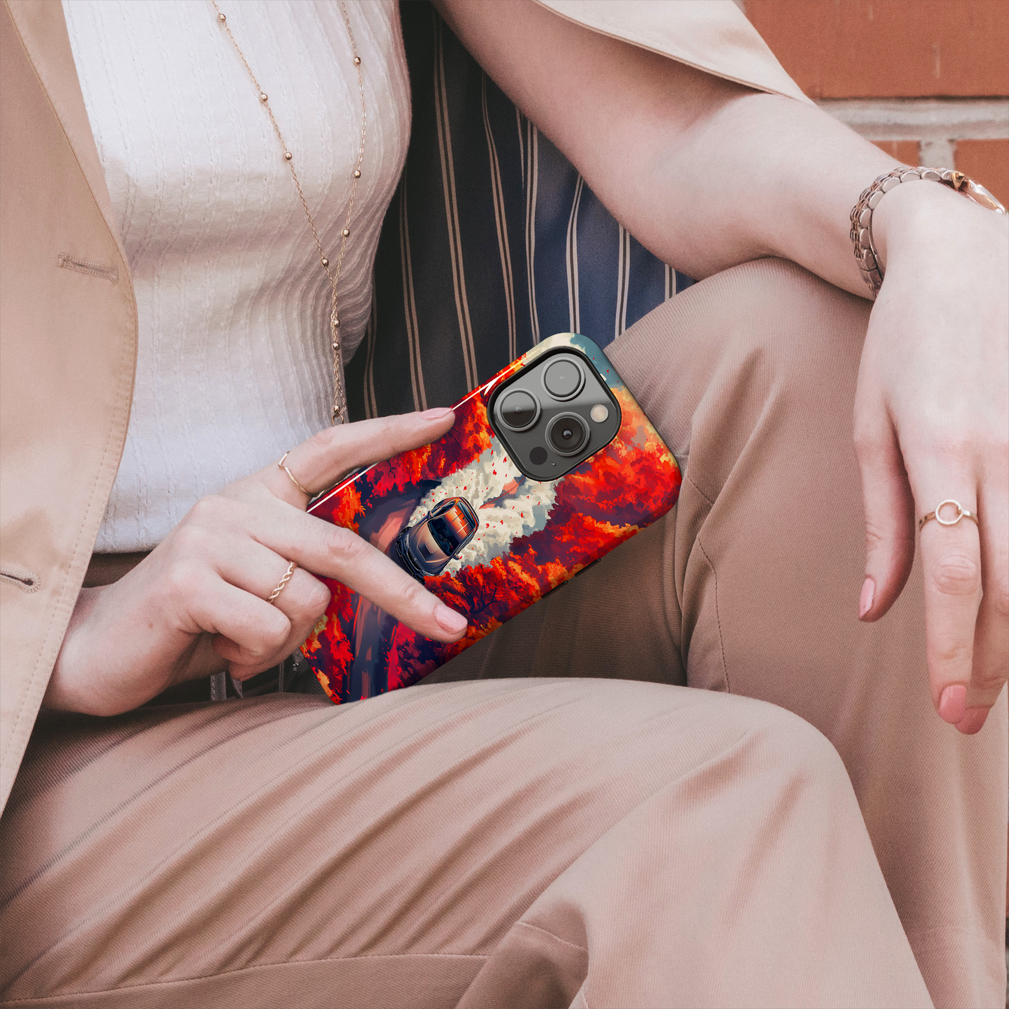 Autumn Drive (iPhone Case 11-15)Elevate your iPhone's protection and style with RimaGallery's A car journey through a fiery autumnal forest On case, featuring dual-layer defense and a sleek, glossyRimaGallery