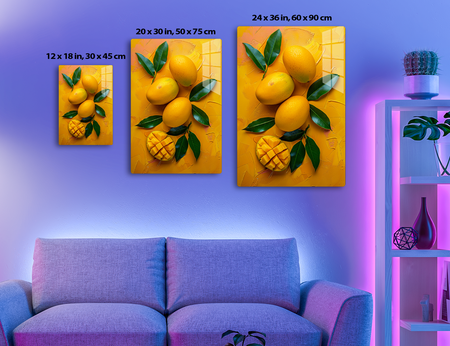 Ripe mangoes with green leaves arranged on a vibrant orange background.