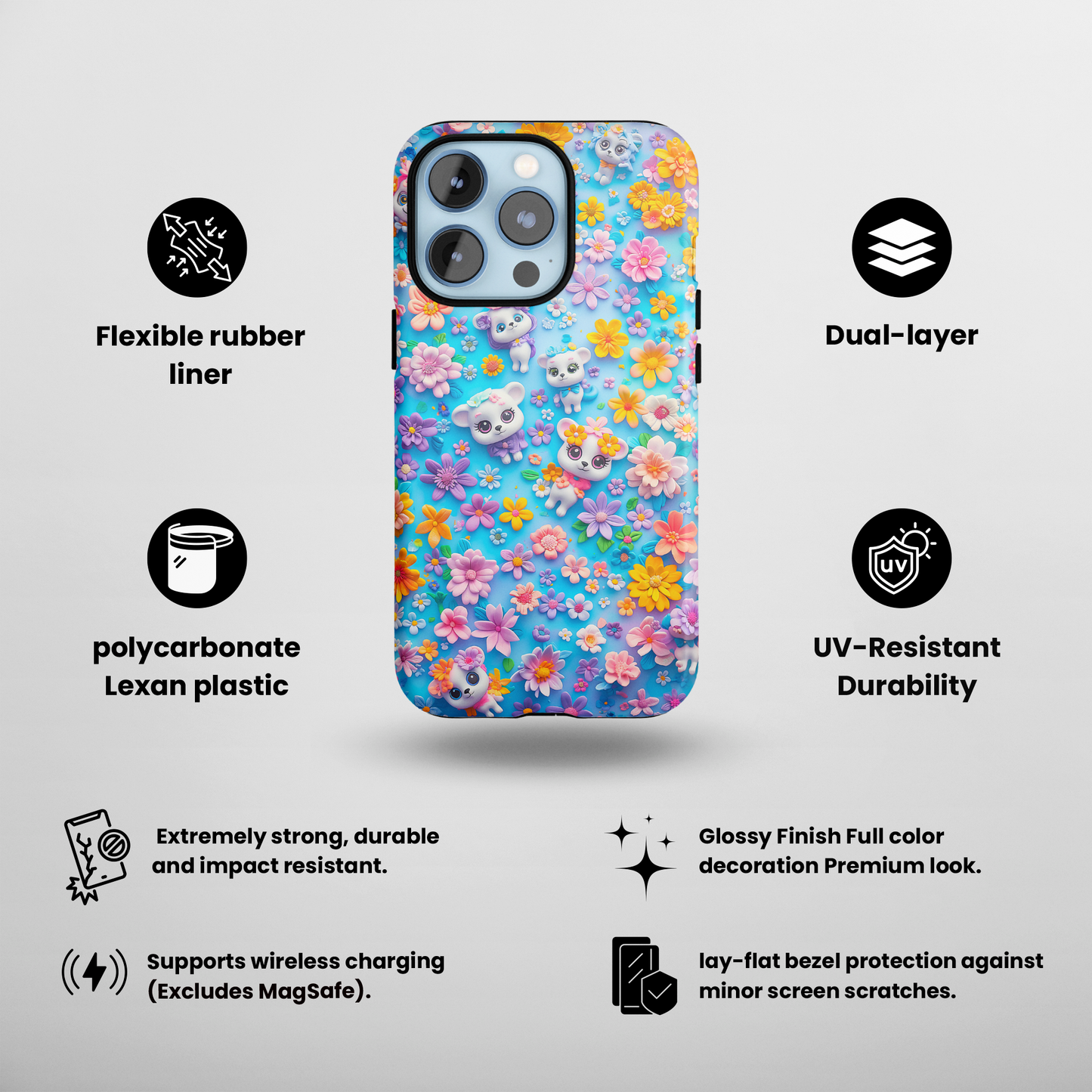 Elevate your iPhone's protection and style with RimaGallery's Vibrant floral and kitten-themed phone case, featuring dual-layer defense and a sleek, glossy finish. F-Floral Kittens (iPhone Case 11-15)