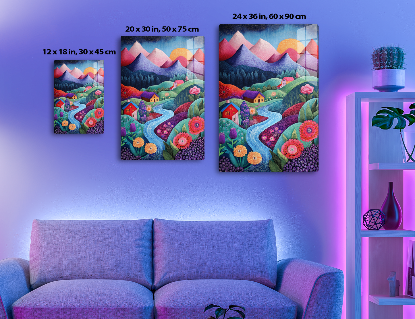 A vibrant landscape depicting colorful mountains, houses nestled amidst winding rivers and blooming floral fields under an orange sun, showcasing a harmonious fusion of natural and architectural elements in a stylized, whimsical style