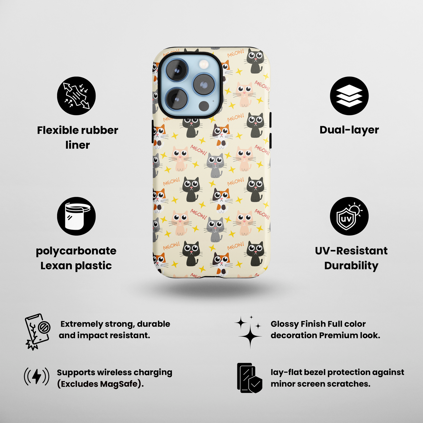 Elevate your iPhone's protection and style with RimaGallery's Adorable cat pattern on phone case with stars and text on phone case. , featuring dual-layer defense an-Charming Cat Chorus (iPhone Case 11-15)