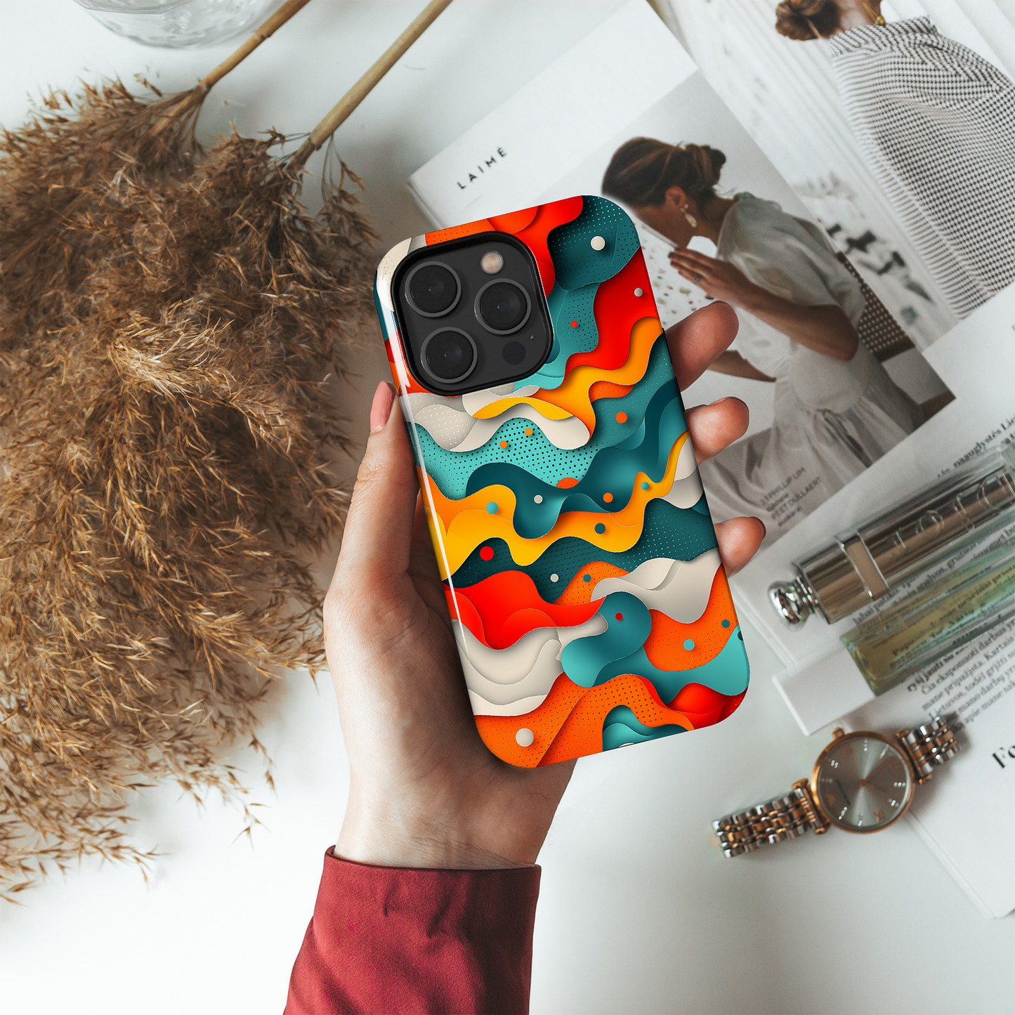 Wavy Whimsy (iPhone Case 11-15)Elevate your iPhone's protection and style with RimaGallery's Colorful, layered wavy design with a playful touch On case, featuring dual-layer defense and a sleek, gRimaGallery