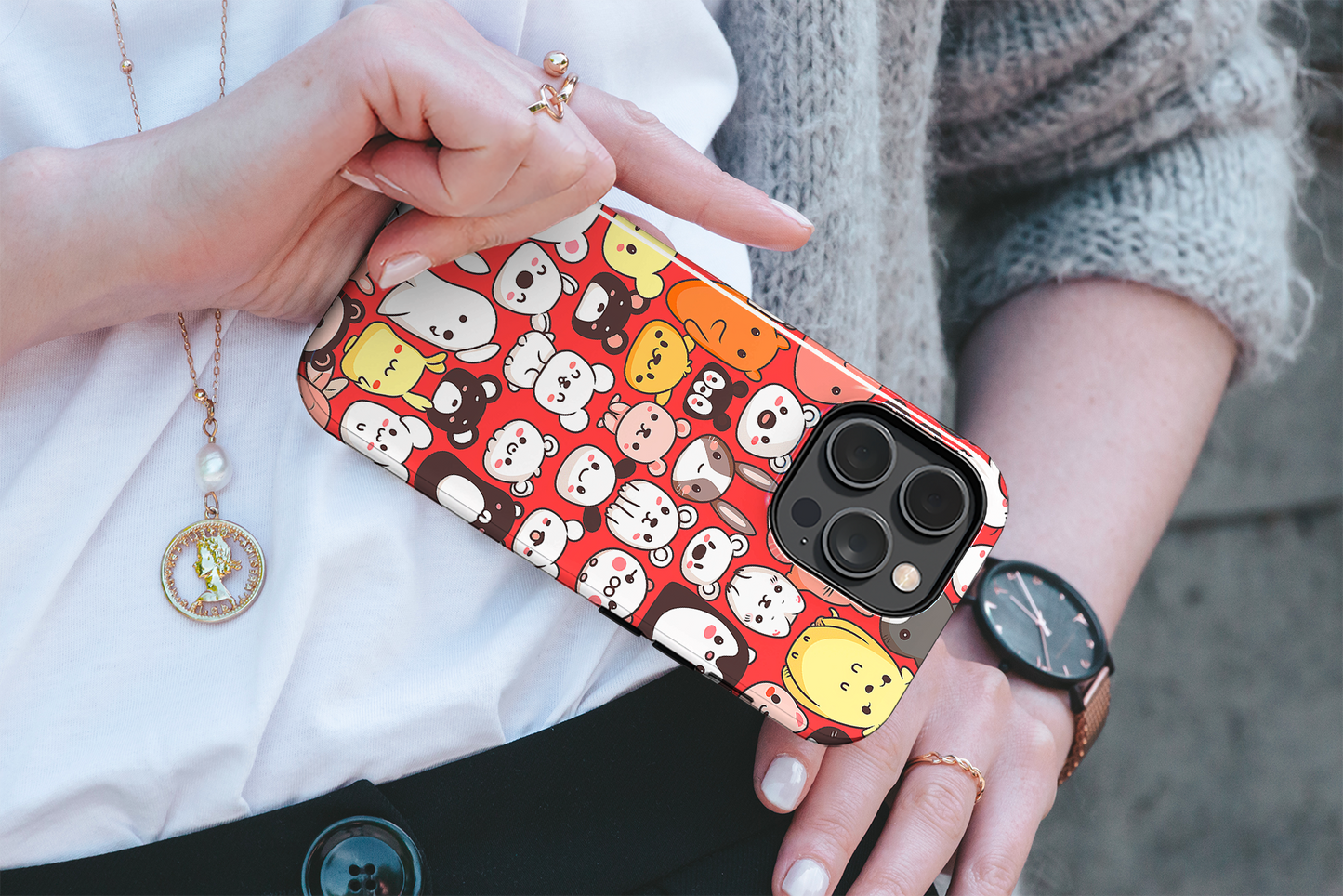 Critter Conga (iPhone Case 11-15)Elevate your iPhone's protection and style with RimaGallery's Cute assorted animals in a fun pattern On case, featuring dual-layer defense and a sleek, glossy finishRimaGallery