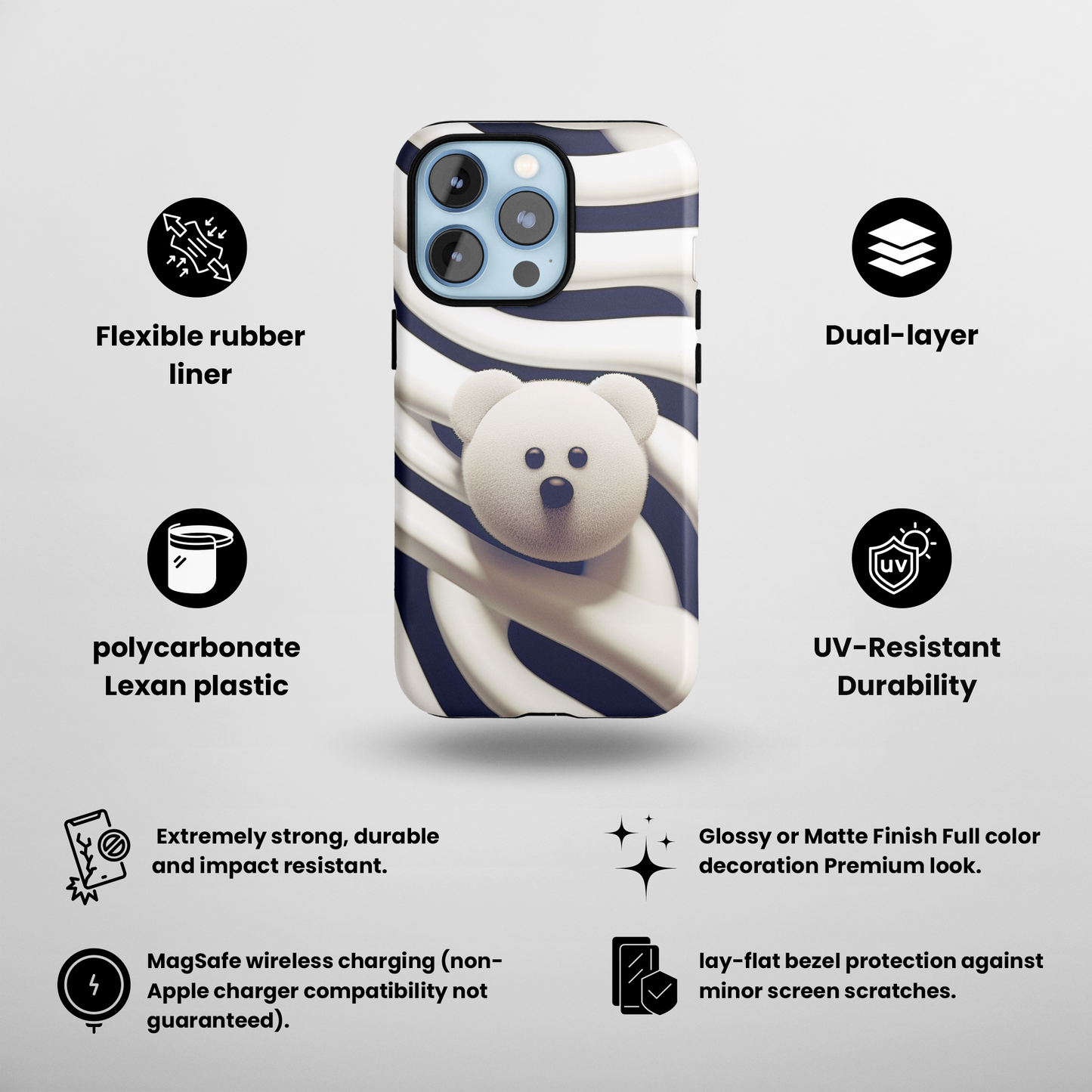 Zebra Print Teddy Bear (iPhone MagSafe Case)Zebra Print Teddy Bear MagSafe Durable Case: Style Meets Protection 📱✨
Upgrade your device with Rima Gallery's Zebra Print Teddy Bear MagSafe Durable Case. This casRimaGallery