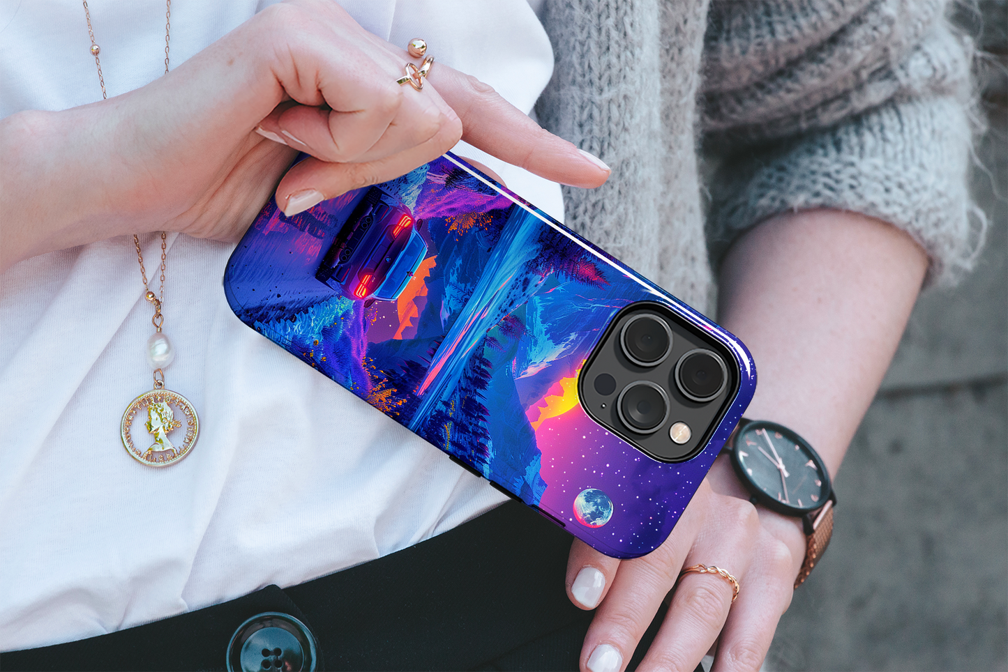 Celestial Drive (iPhone Case 11-15)Elevate your iPhone's protection and style with RimaGallery's A scenic drive through a vibrant twilight mountain landscape case, featuring dual-layer defense and a sRimaGallery