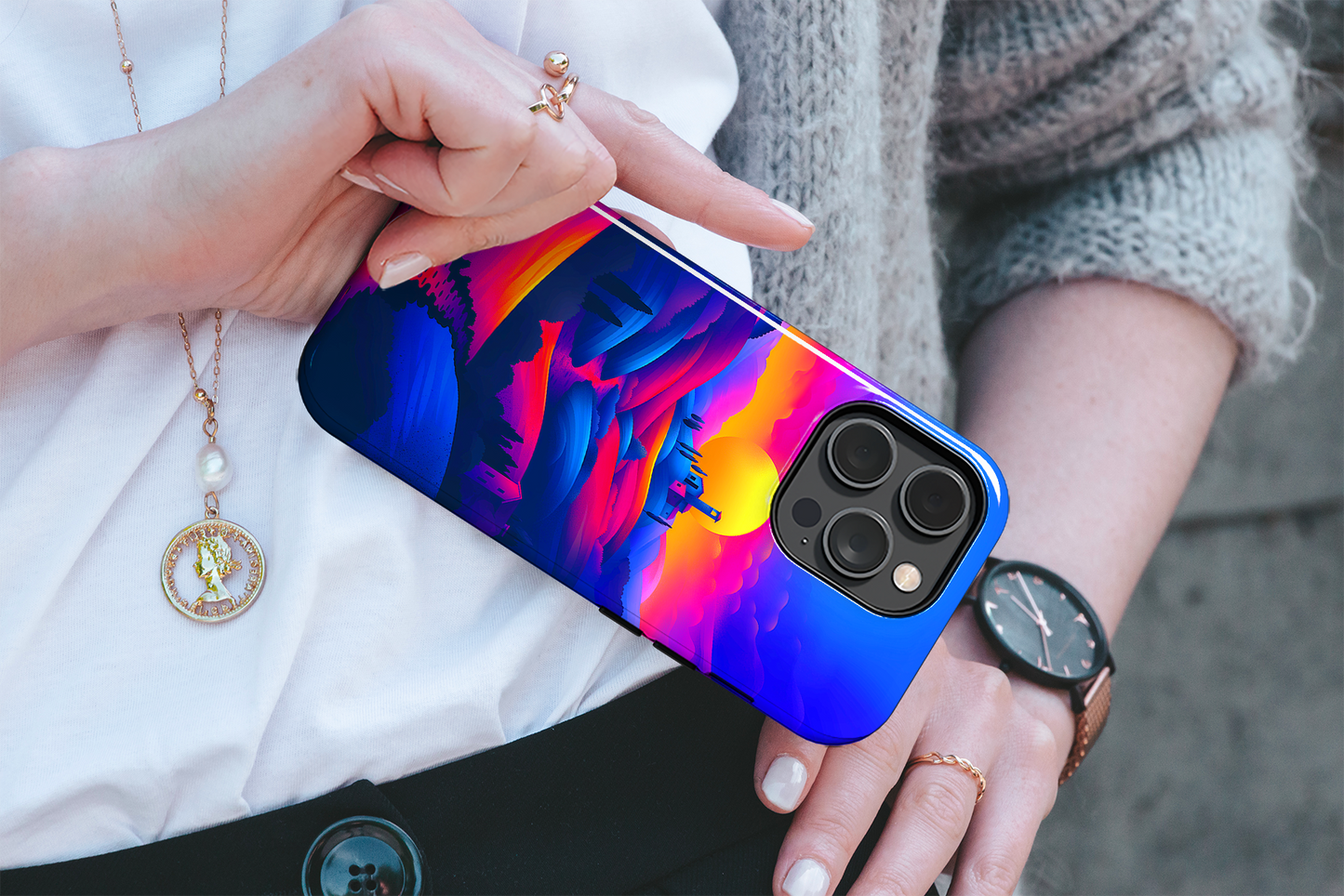 Sunset Serenity (iPhone Case 11-15)Elevate your iPhone's protection and style with RimaGallery's Vivid sunset over rolling hills illustrated On case, featuring dual-layer defense and a sleek, glossy fRimaGallery