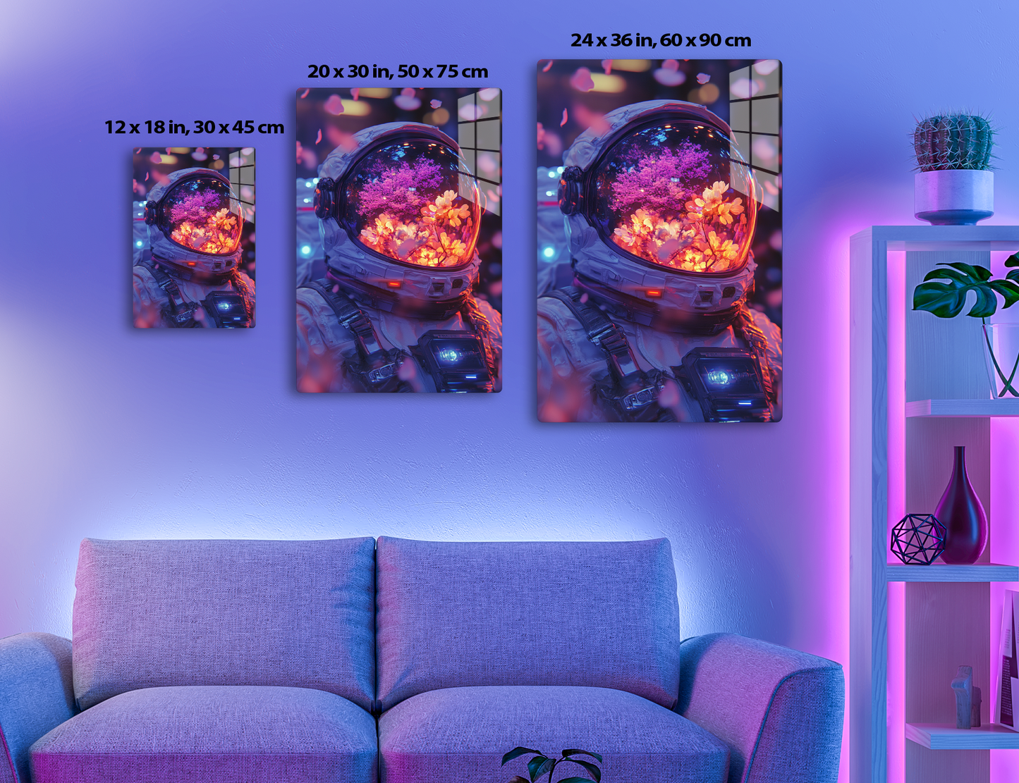 An astronaut helmet filled with vibrant pink and yellow flowers, creating a surreal and dreamlike scene against blurred bokeh lights in the background.